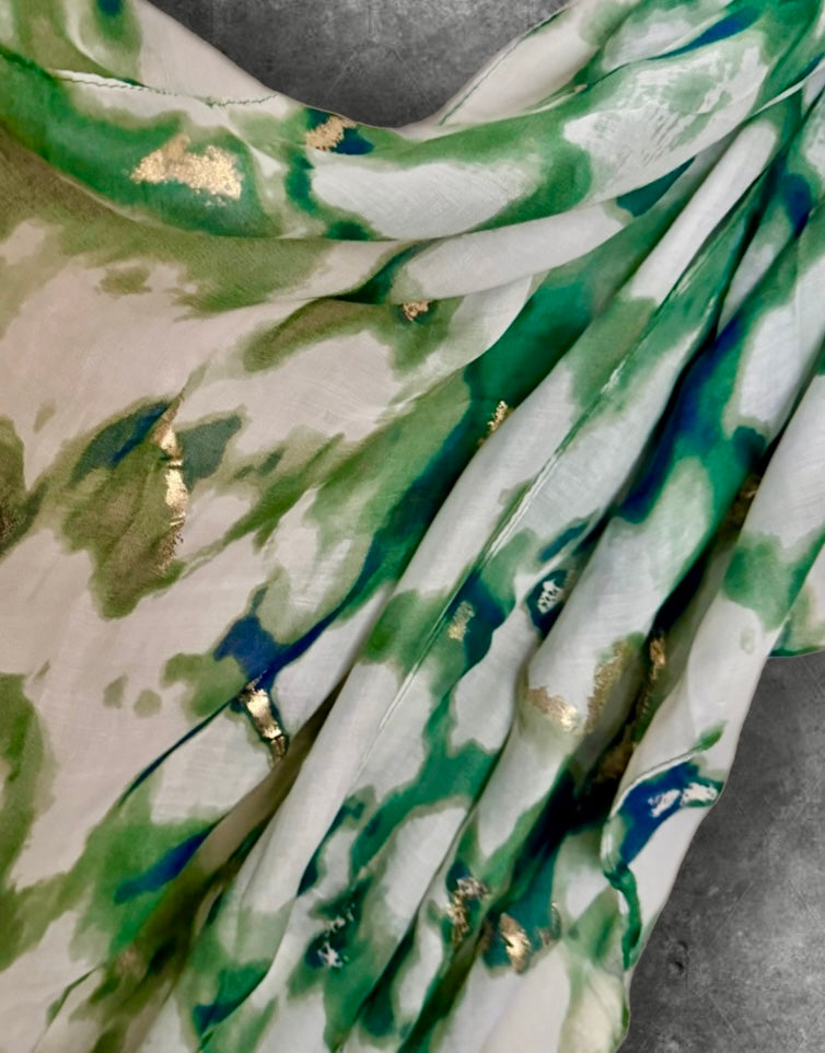 Green Marble Effect Cotton Scarf for Women,Lightweight Summer Wrap with Gold Accents