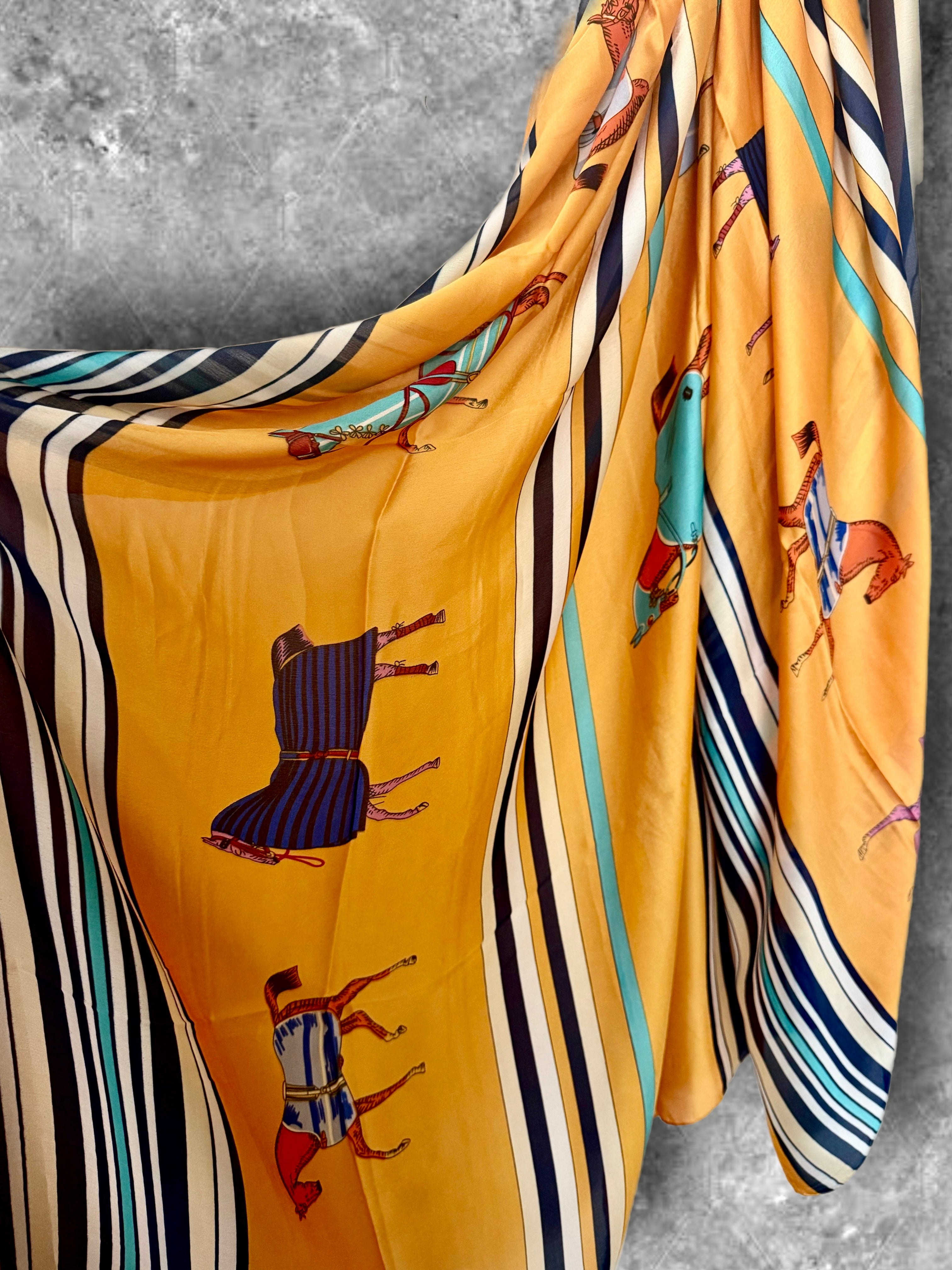 Yellow Silk Scarf for Women,Horse Print Striped Shawl,Equestrian Style Lightweight Summer Wrap