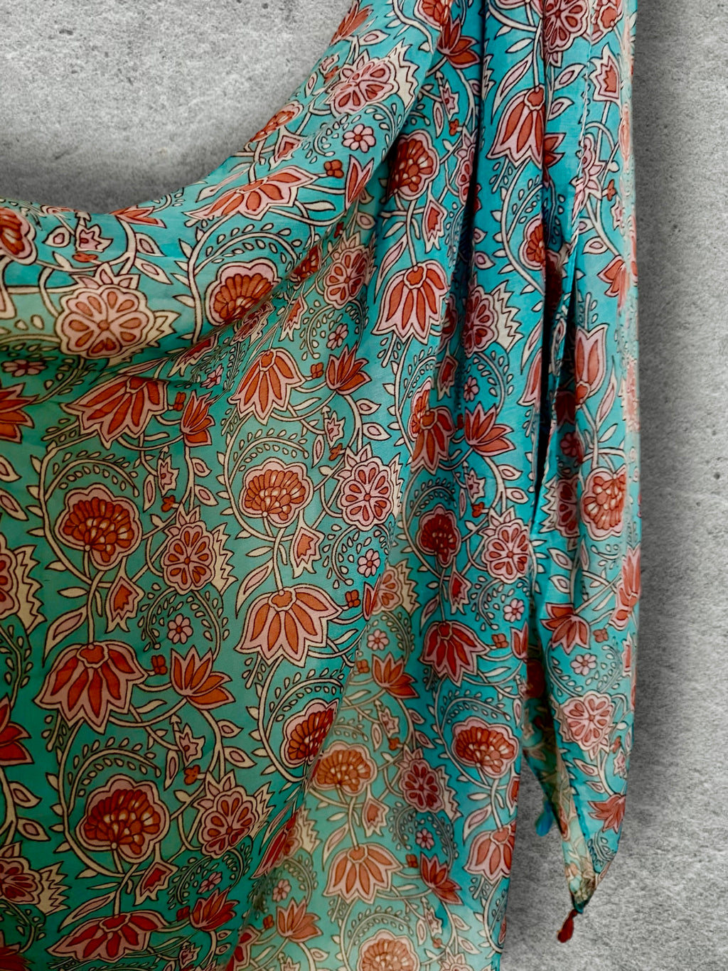 Turquoise Blue Floral Scarf,Lightweight Spring Summer Shawl,Soft Cotton Tassel Wrap for Women