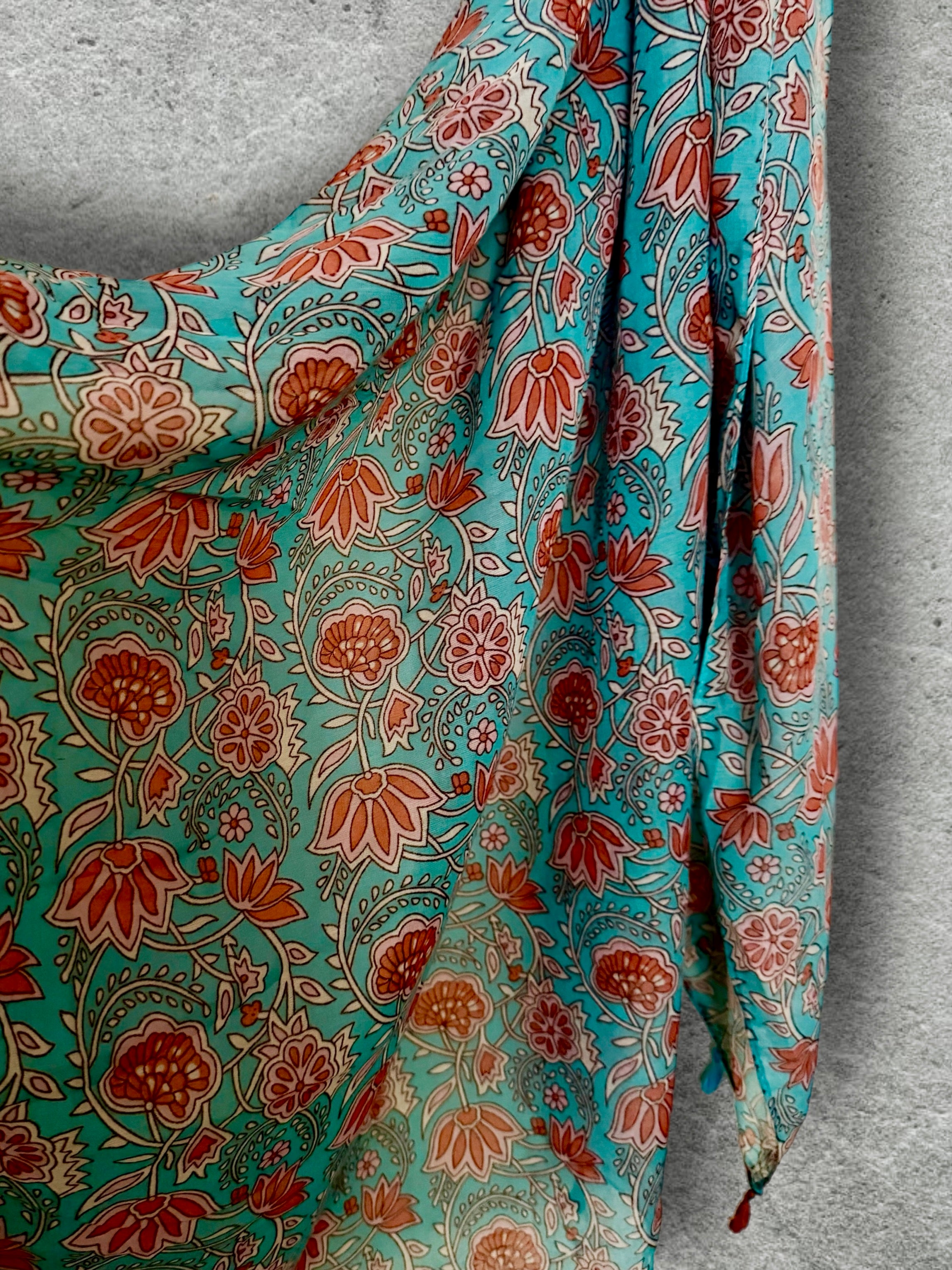 Turquoise Blue Floral Scarf,Lightweight Spring Summer Shawl,Soft Cotton Tassel Wrap for Women