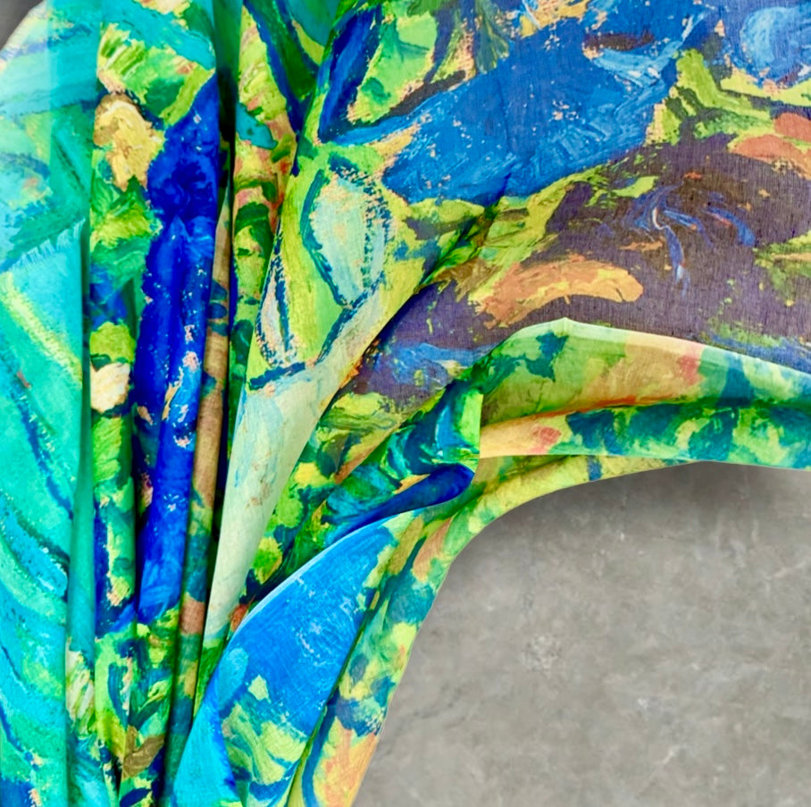 Abstract Blue Green Lightweight Cotton Scarf,Sheer Summer Wrap,Artistic Watercolour Print Shawl