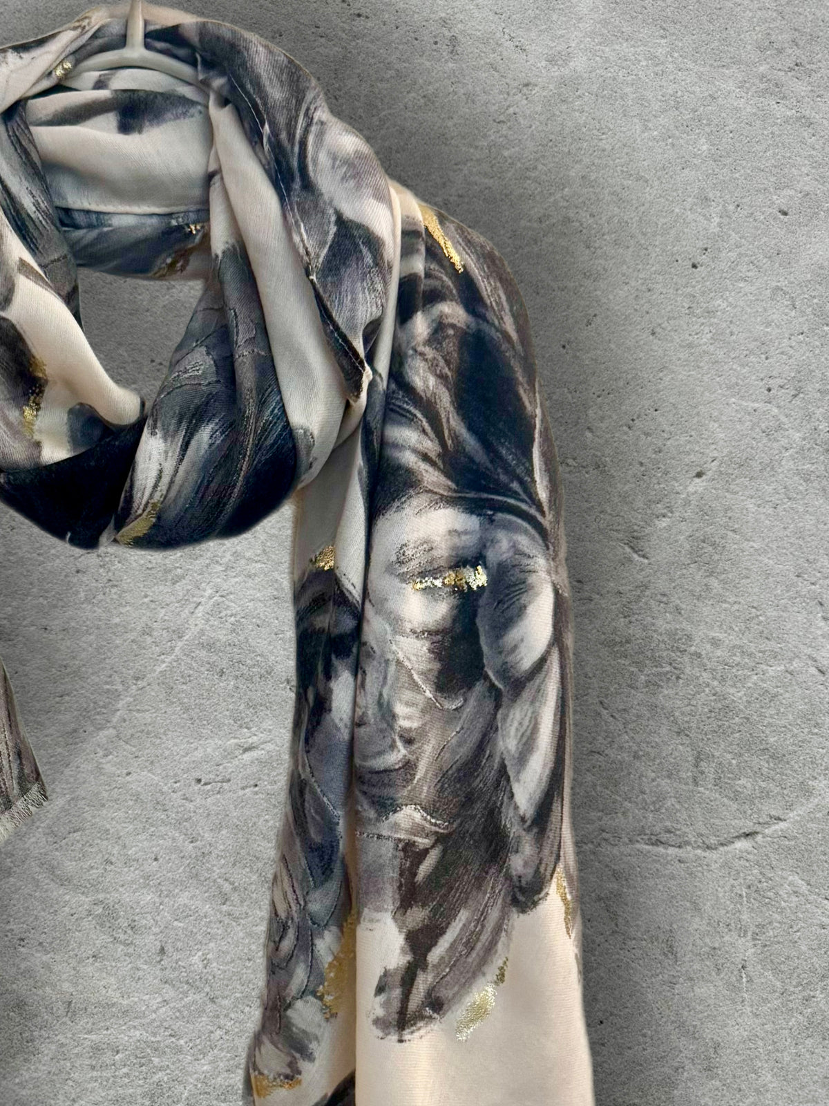 Elegant Grey Peony Scarf with Gold Highlights,Floral Sketch Wrap