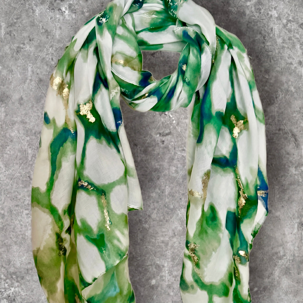 Green Marble Effect Cotton Scarf for Women,Lightweight Summer Wrap with Gold Accents