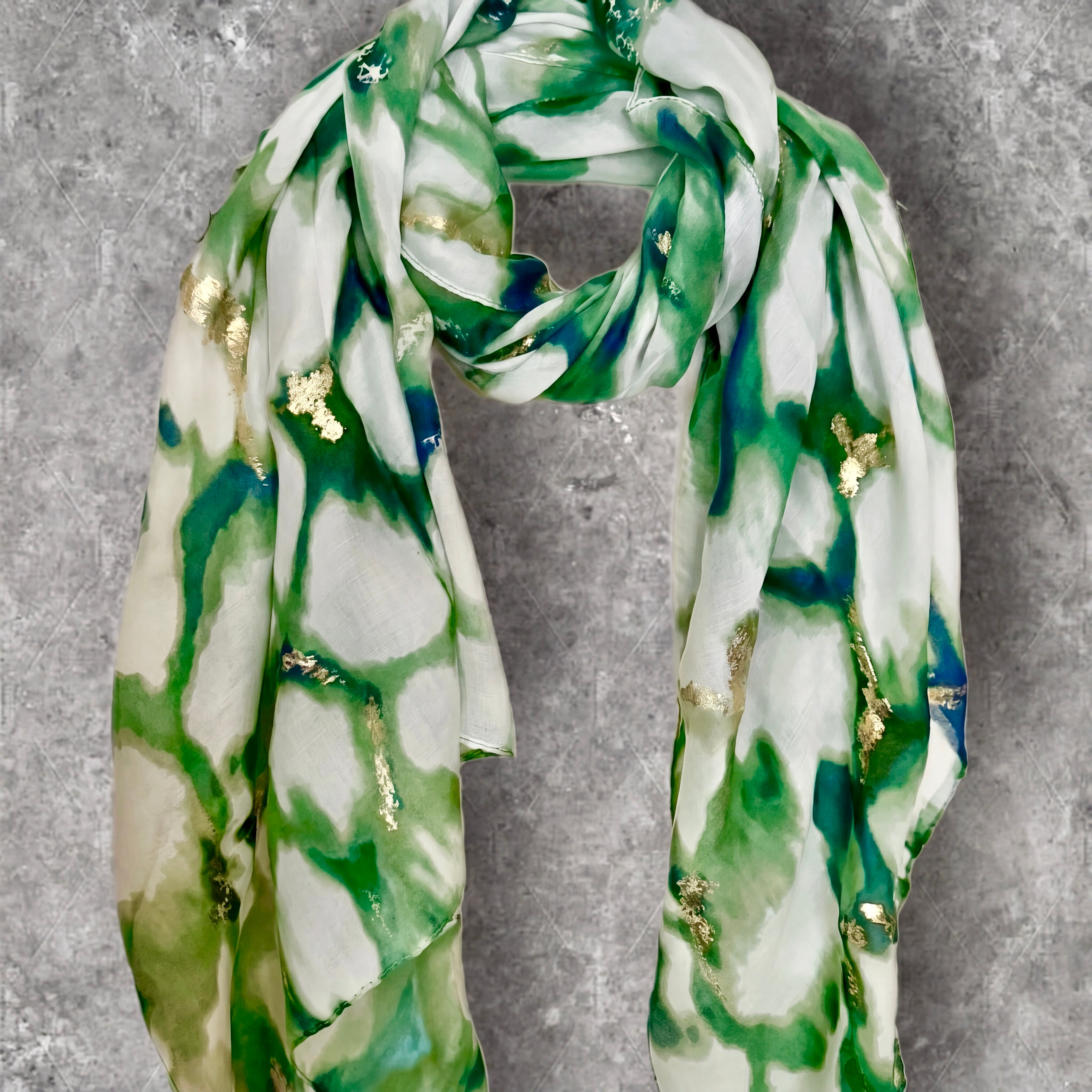 Green Marble Effect Cotton Scarf for Women,Lightweight Summer Wrap with Gold Accents