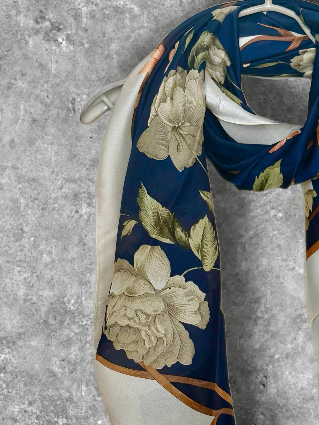 Navy Blue Long Silk Scarf for Women,Peony Floral Print Shawl,Lightweight Luxury Wrap
