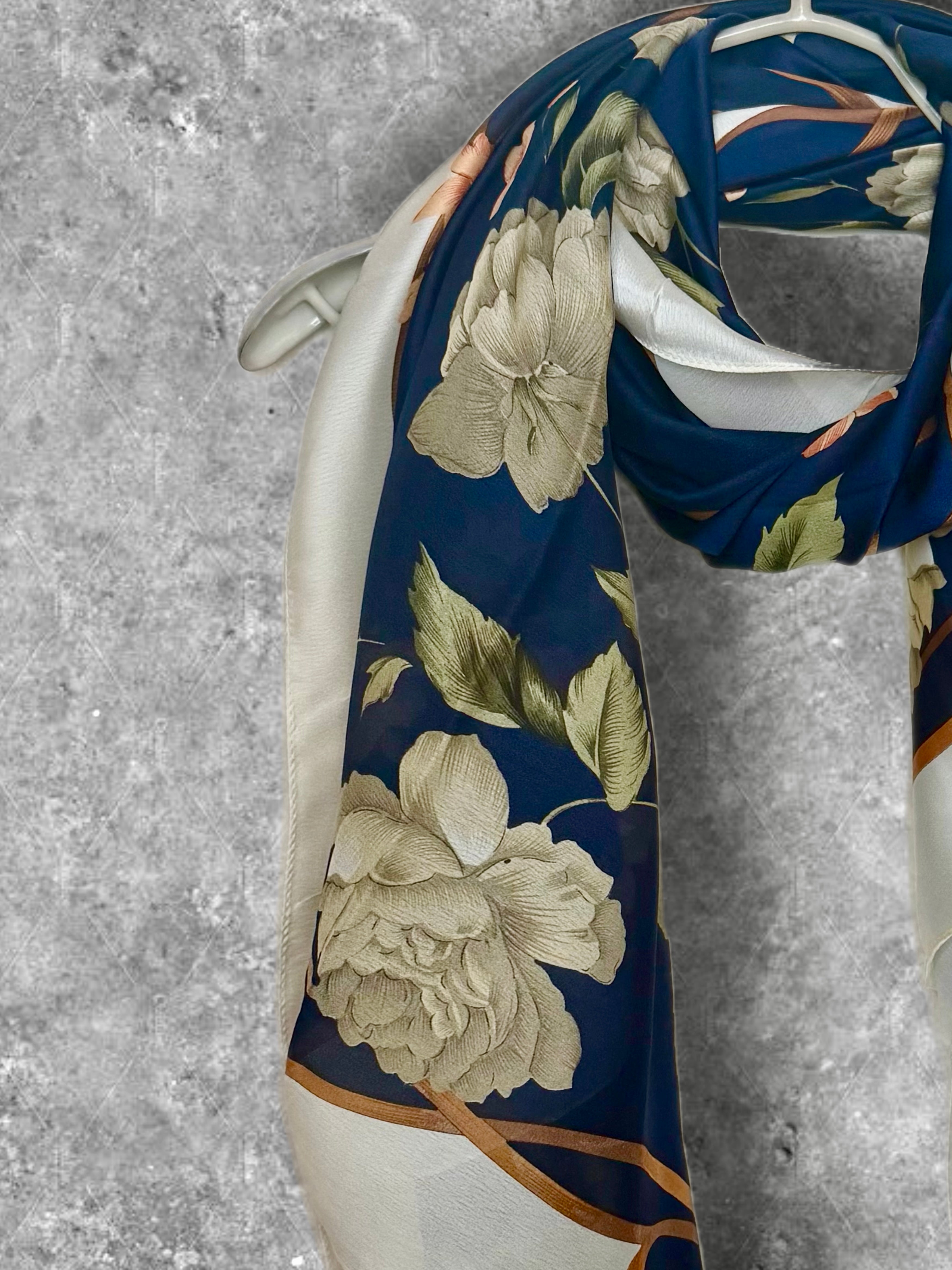 Navy Blue Long Silk Scarf for Women,Peony Floral Print Shawl,Lightweight Luxury Wrap