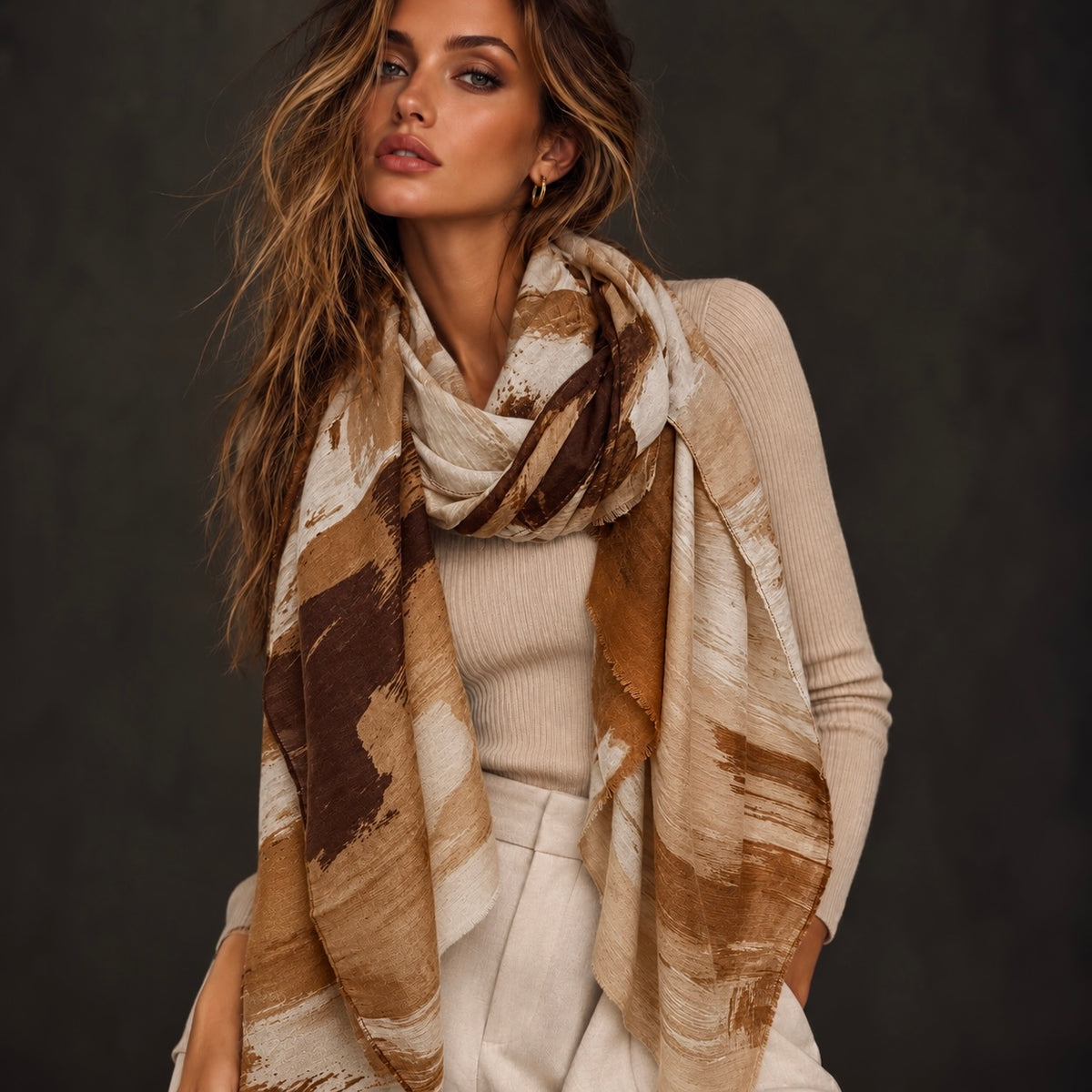 Chocolate Brown Painted Scarf, Caramel Cream Abstract Wrap