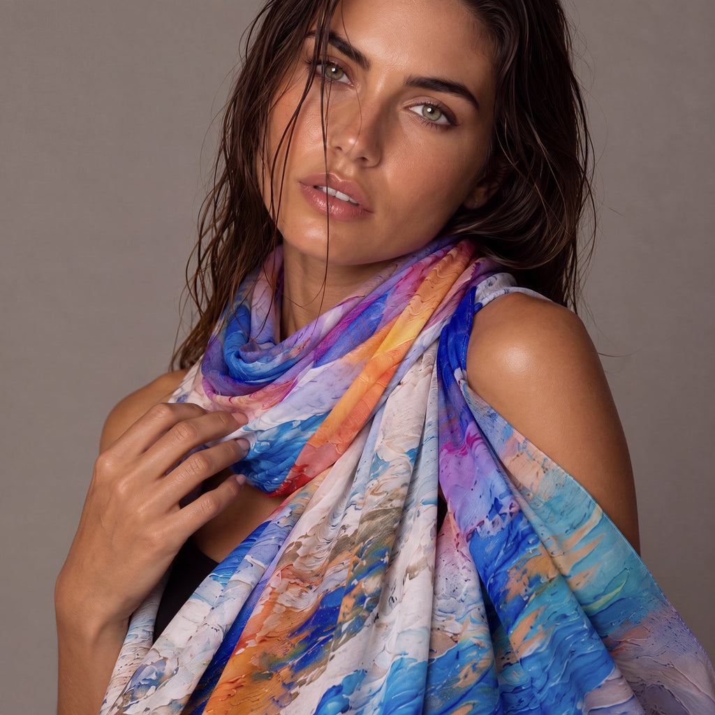 Multicolour Abstract Watercolour Cotton Scarf,Artistic Brushstroke Print Summer Scarf,Lightweight Colourful Shawl