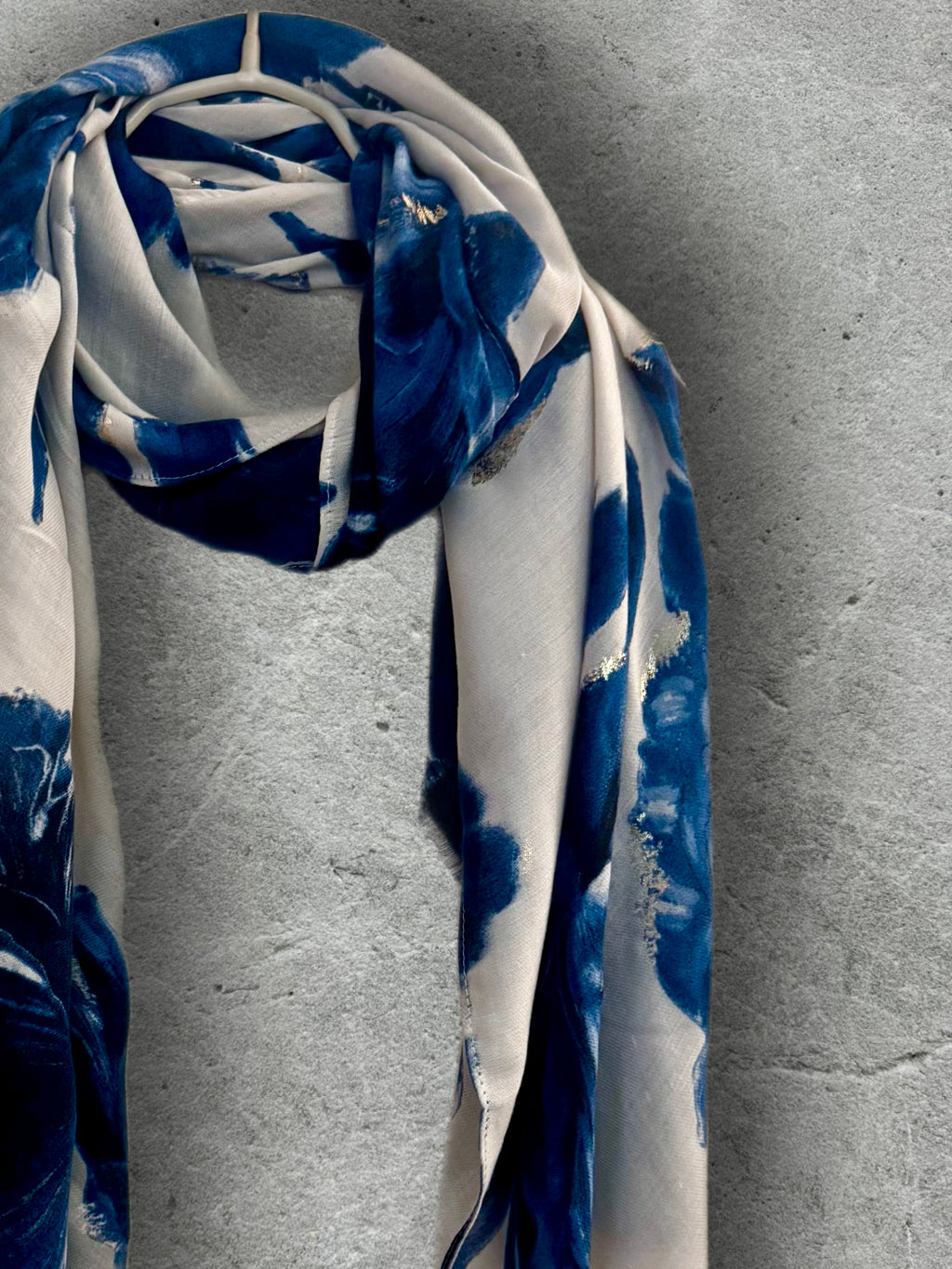 Blue Sketch Peony Scarf with Gold Accents,Elegant Floral Print Wrap