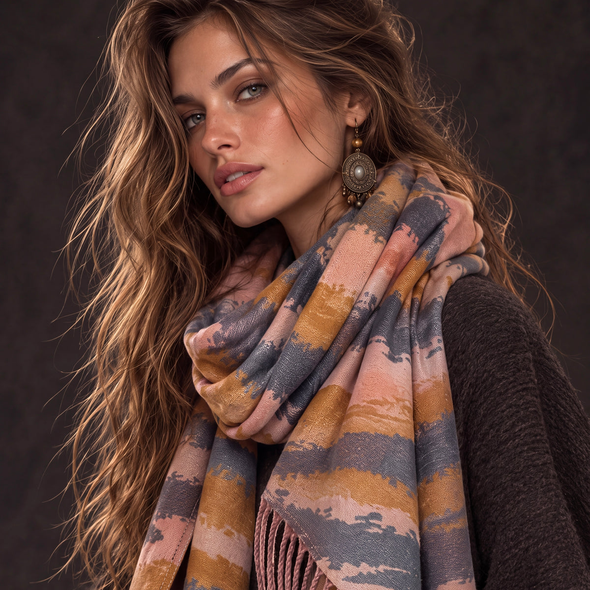 Abstract Brushed Grey Blush Pink Mustard Winter Scarf