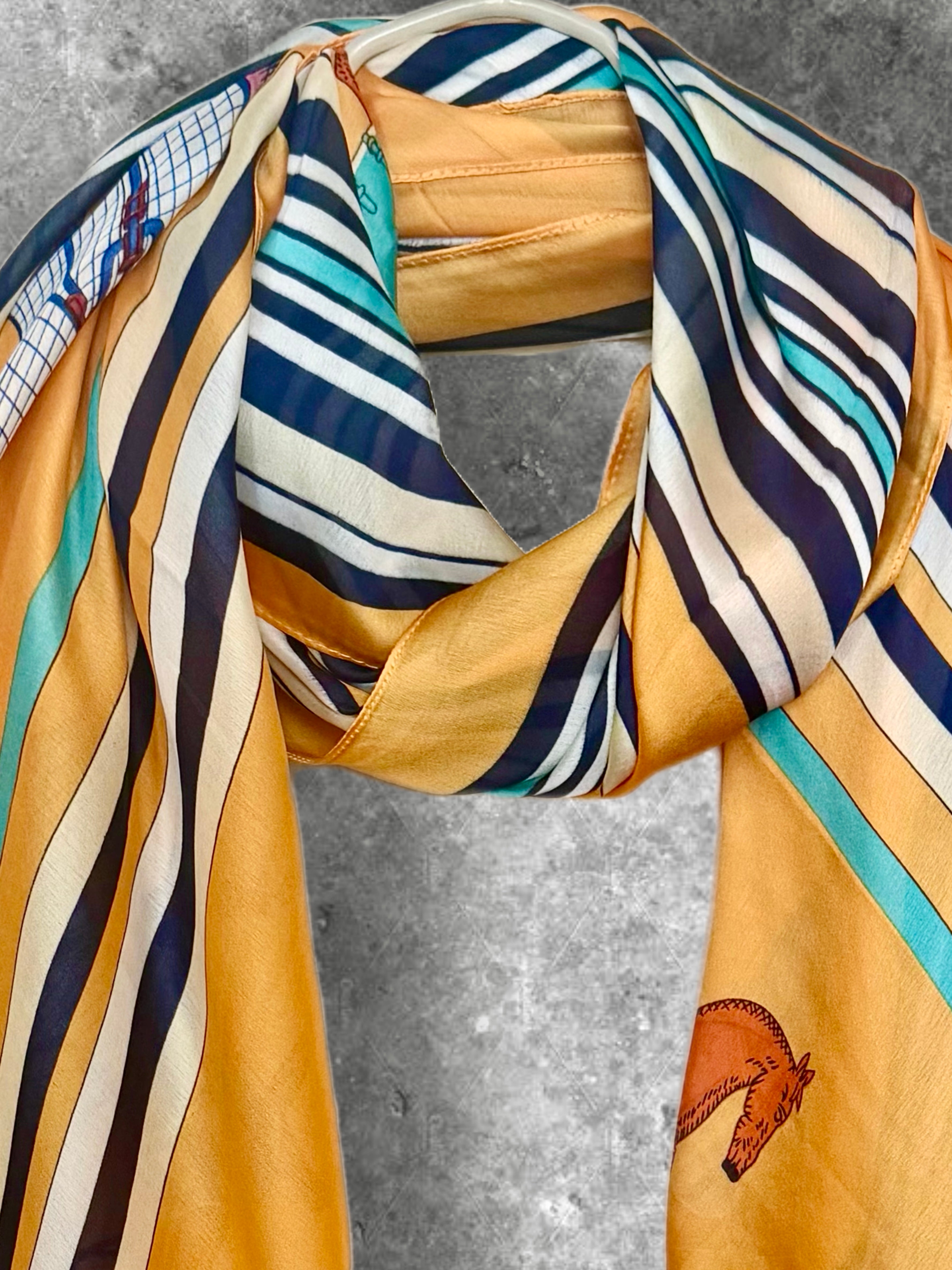 Yellow Silk Scarf for Women,Horse Print Striped Shawl,Equestrian Style Lightweight Summer Wrap