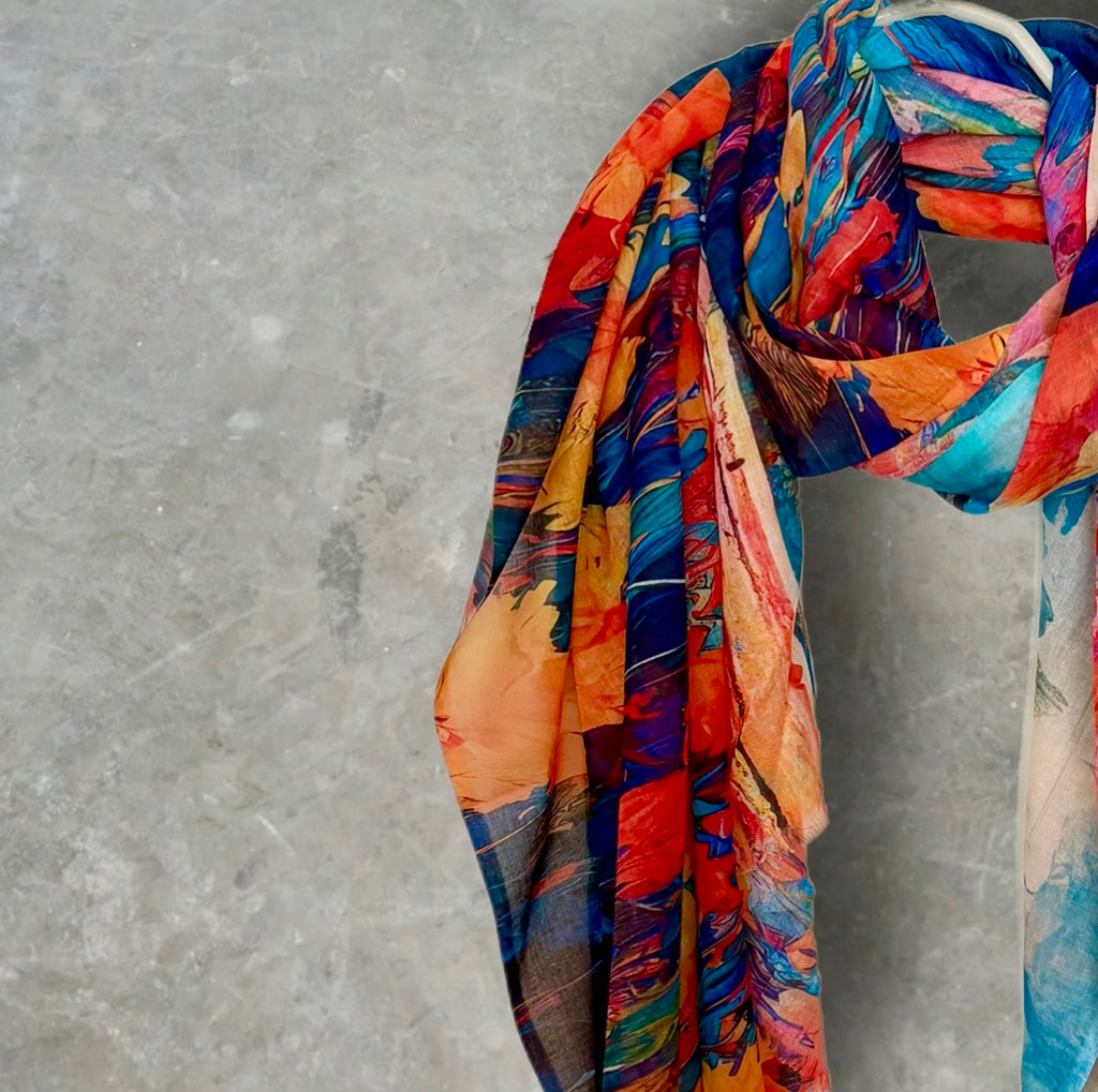 Orange Blue Watercolour Flower Print Cotton Scarf for Women,Lightweight Sheer Summer Wrap,Soft Breathable Shawl.