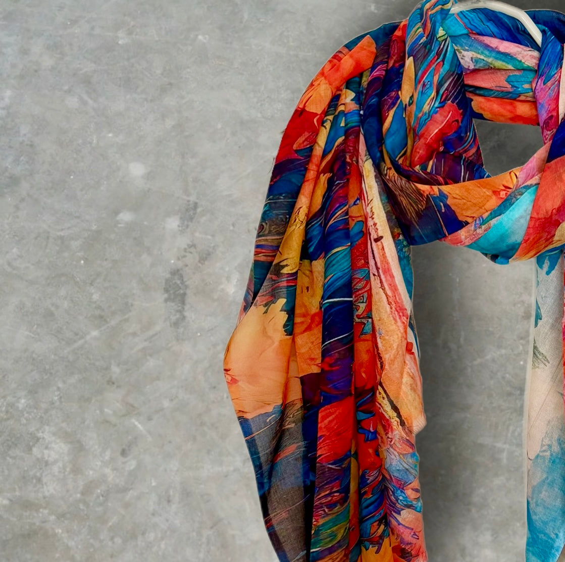 Orange Blue Watercolour Flower Print Cotton Scarf for Women,Lightweight Sheer Summer Wrap,Soft Breathable Shawl.