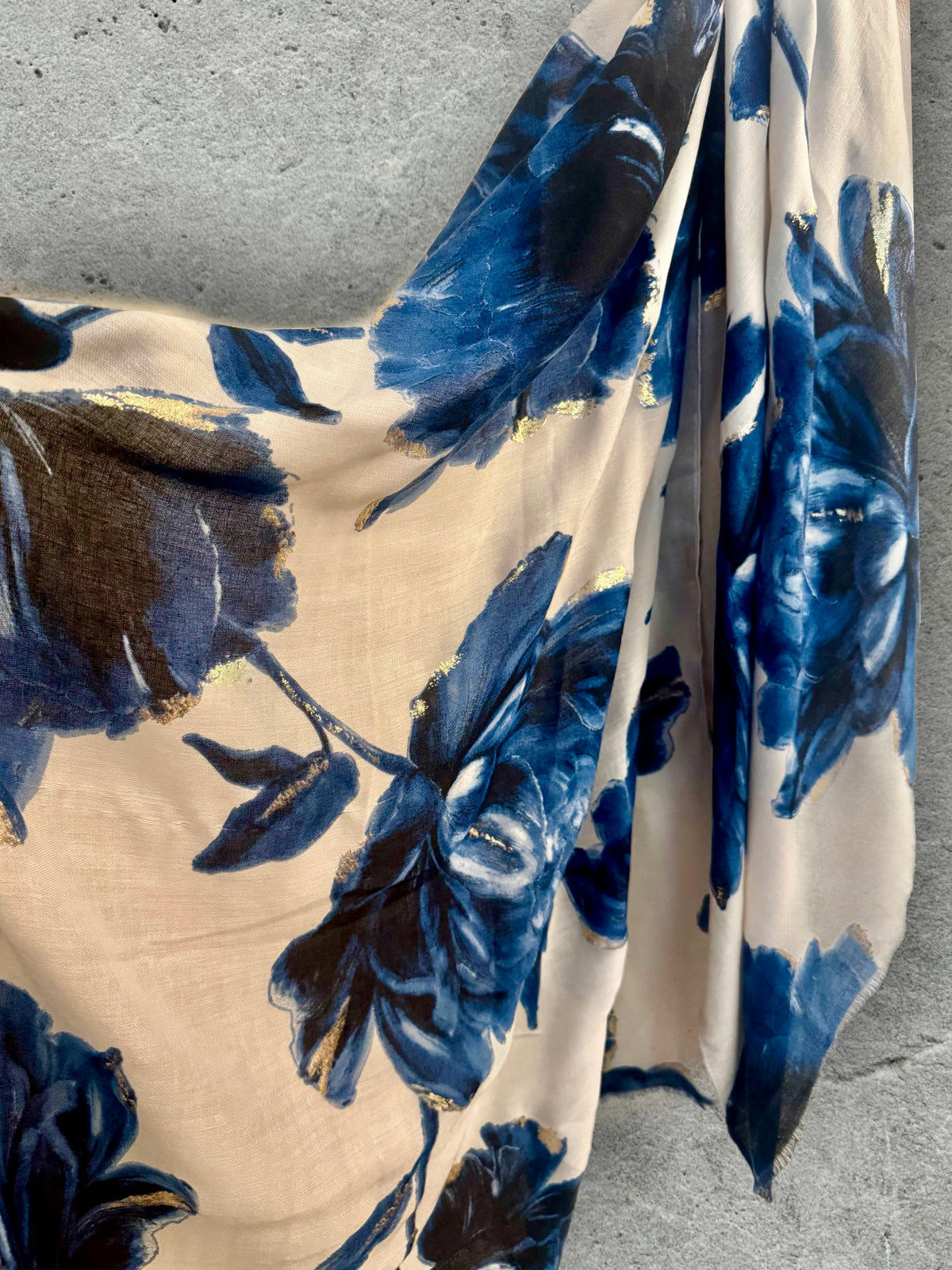 Blue Sketch Peony Scarf with Gold Accents,Elegant Floral Print Wrap