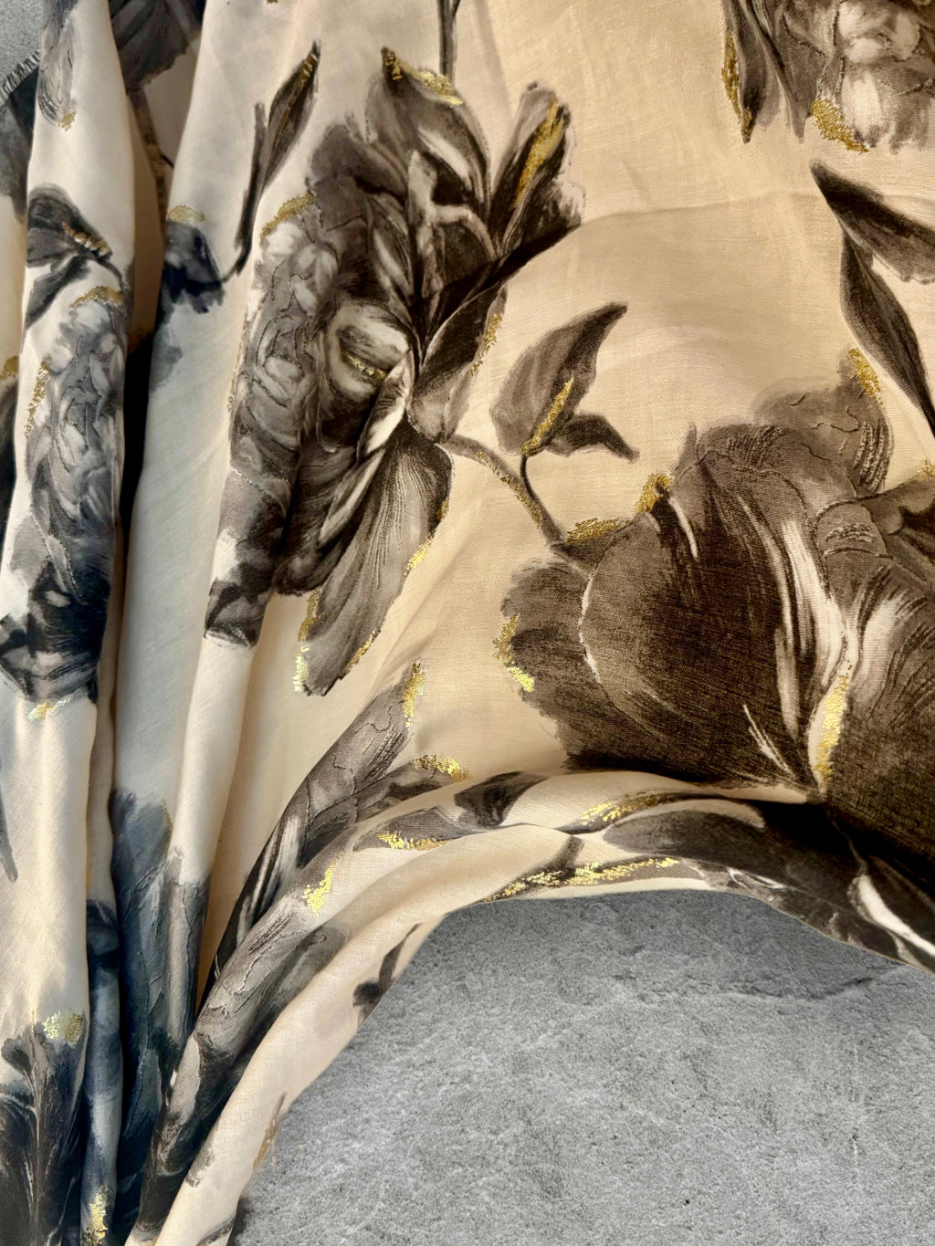 Elegant Grey Peony Scarf with Gold Highlights,Floral Sketch Wrap