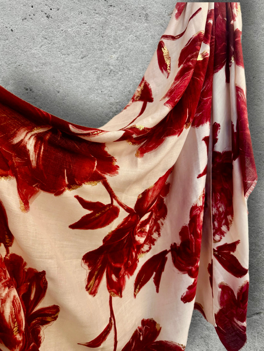Elegant Red Peony Scarf for Women with Gold Accents,Floral Print Shawl