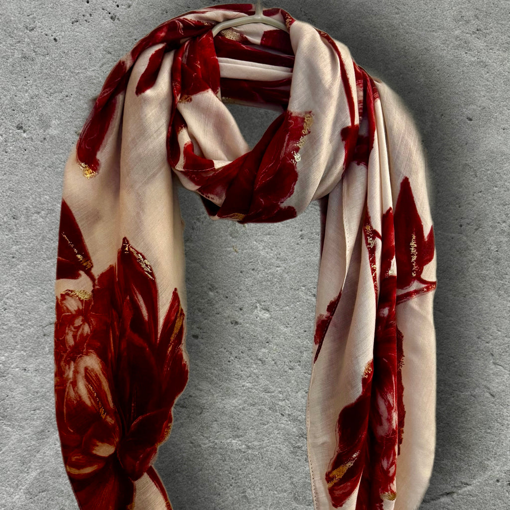 Elegant Red Peony Scarf for Women with Gold Accents,Floral Print Shawl