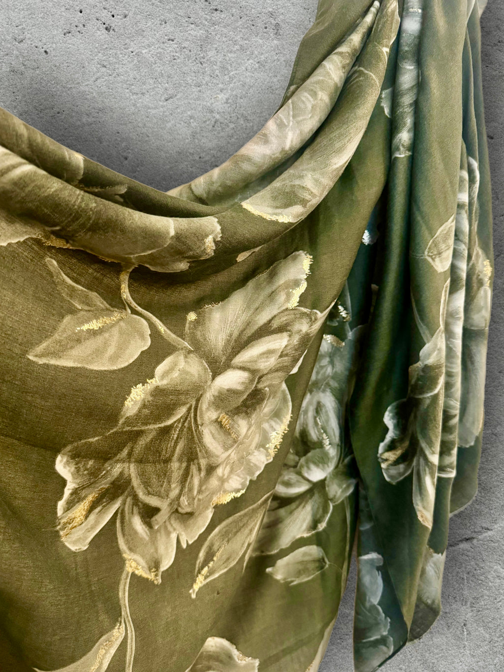 Olive Green Peony Floral Scarf with Gold Accents for Women