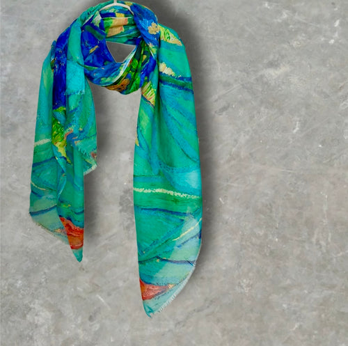 Abstract Blue Green Lightweight Cotton Scarf,Sheer Summer Wrap,Artistic Watercolour Print Shawl