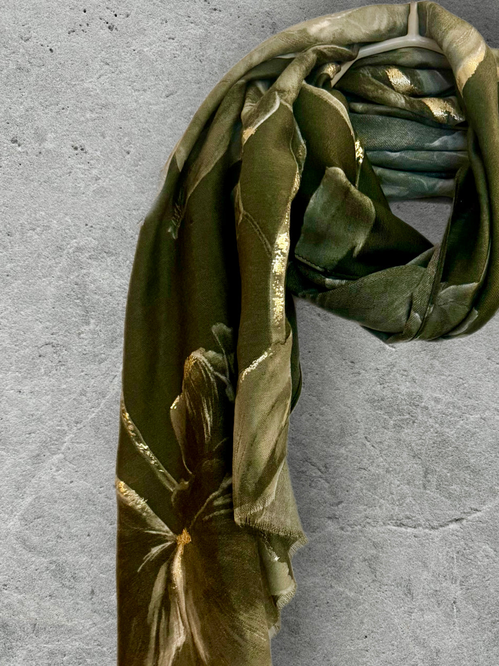 Olive Green Peony Floral Scarf with Gold Accents for Women
