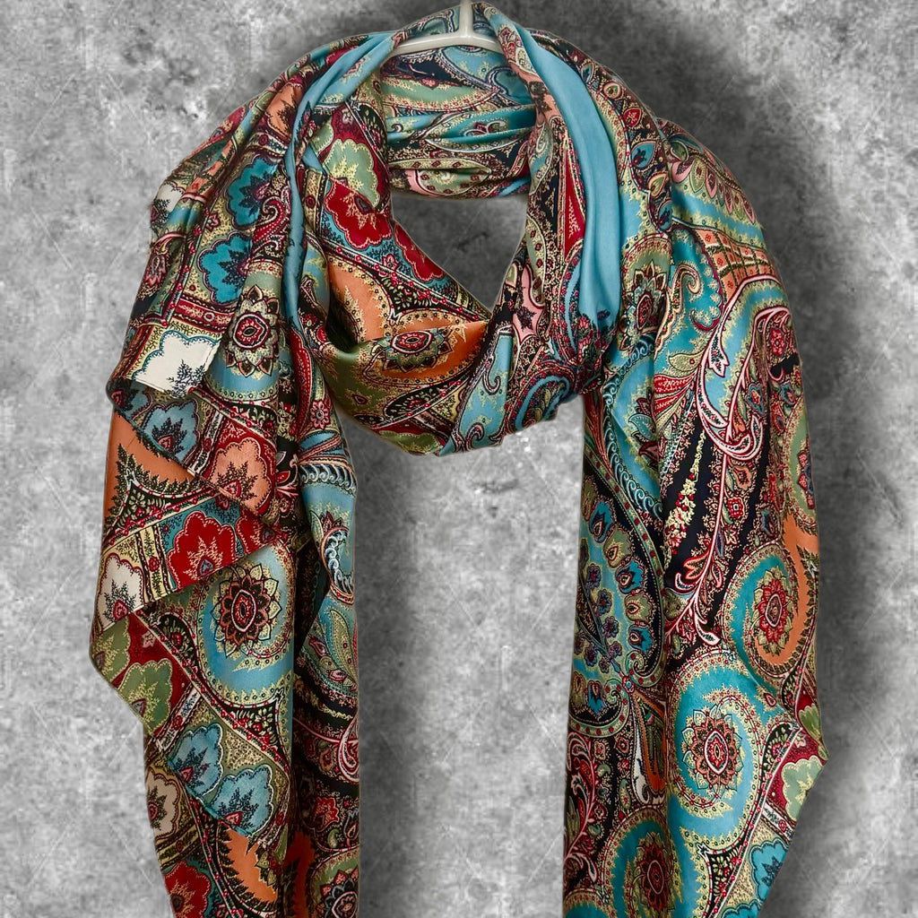 Boho Paisley Print Silk Scarf, Lightweight Shawl in Turquoise Blue for Women,Summer Wrap