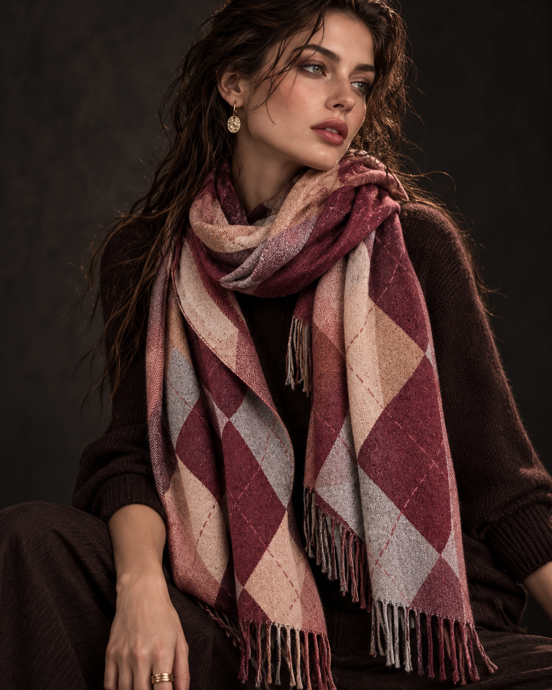 Burgundy Argyle Reversible Winter Scarf
