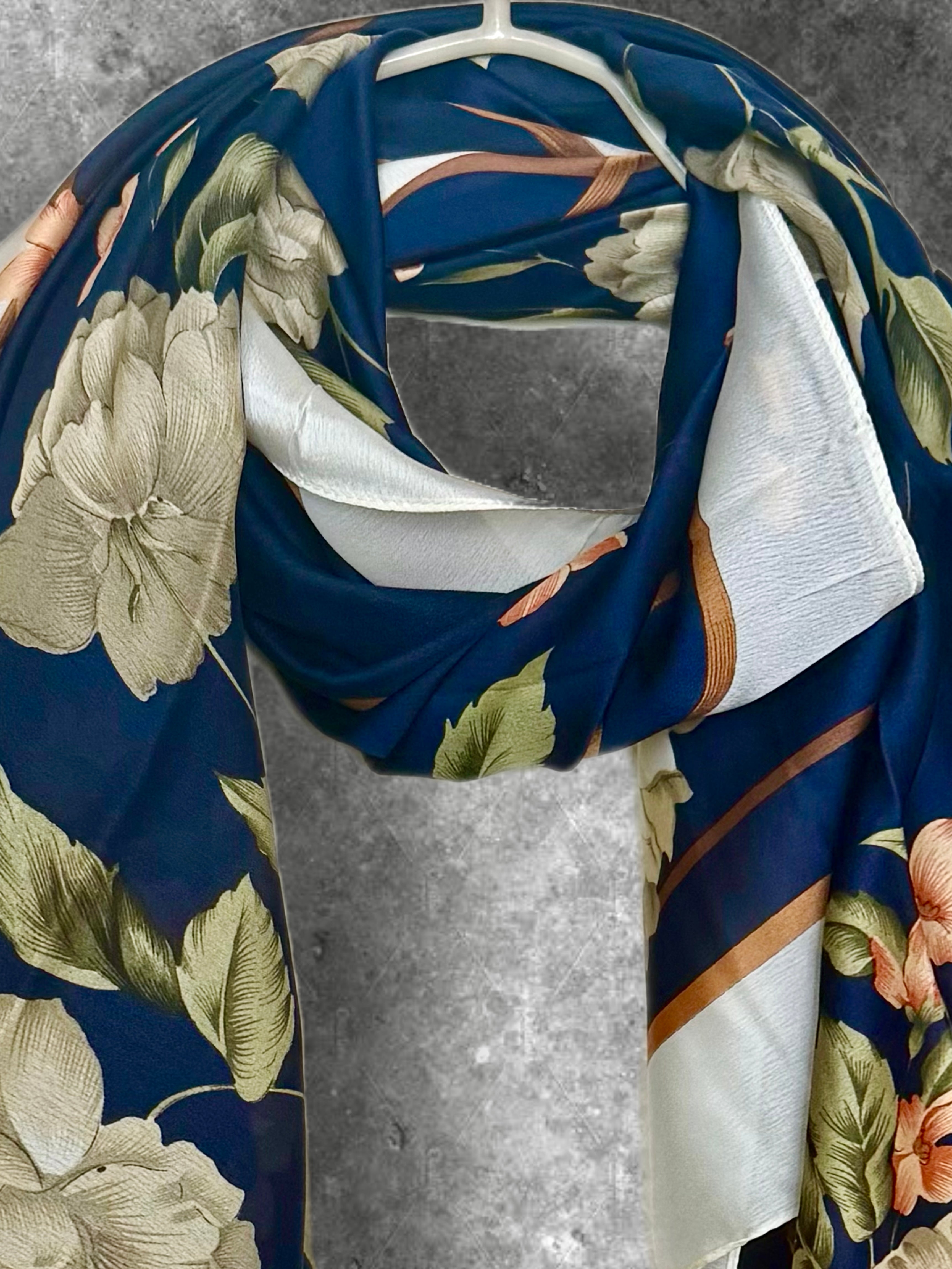 Navy Blue Long Silk Scarf for Women,Peony Floral Print Shawl,Lightweight Luxury Wrap