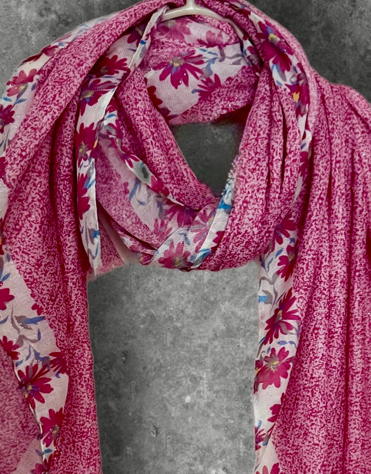 Pink Small Floral Scarf for Women,Lightweight Cotton Summer Shawl.