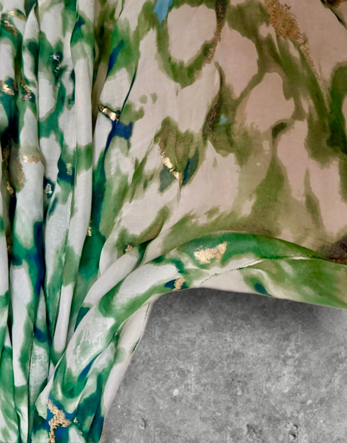 Green Marble Effect Cotton Scarf for Women,Lightweight Summer Wrap with Gold Accents