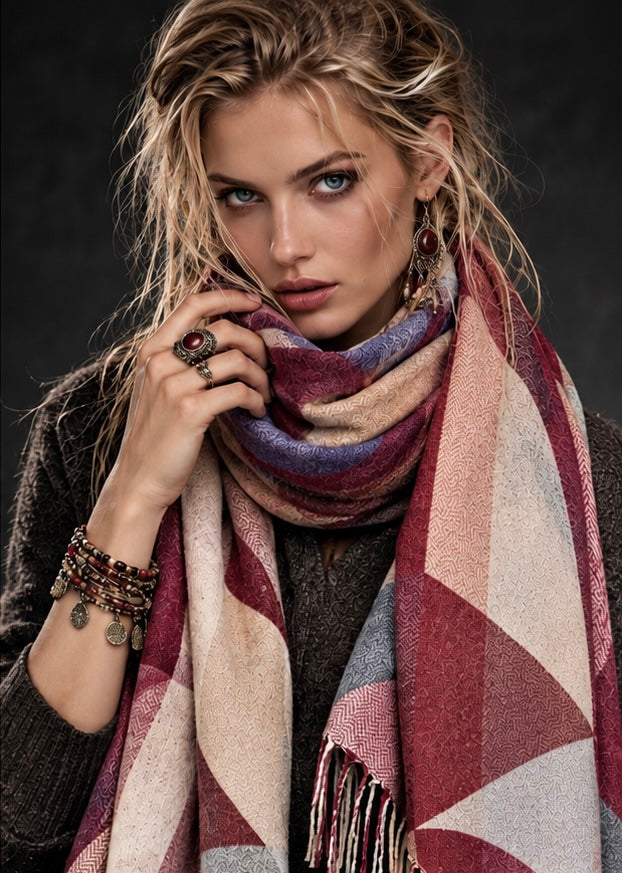 Burgundy Crimson Circular Pattern Winter Scarf