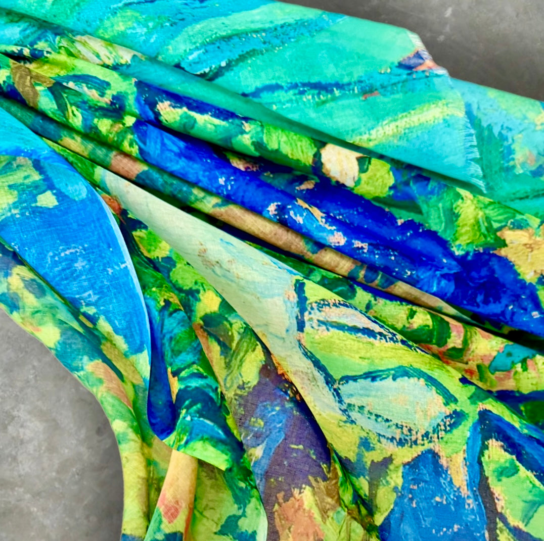 Abstract Blue Green Lightweight Cotton Scarf,Sheer Summer Wrap,Artistic Watercolour Print Shawl