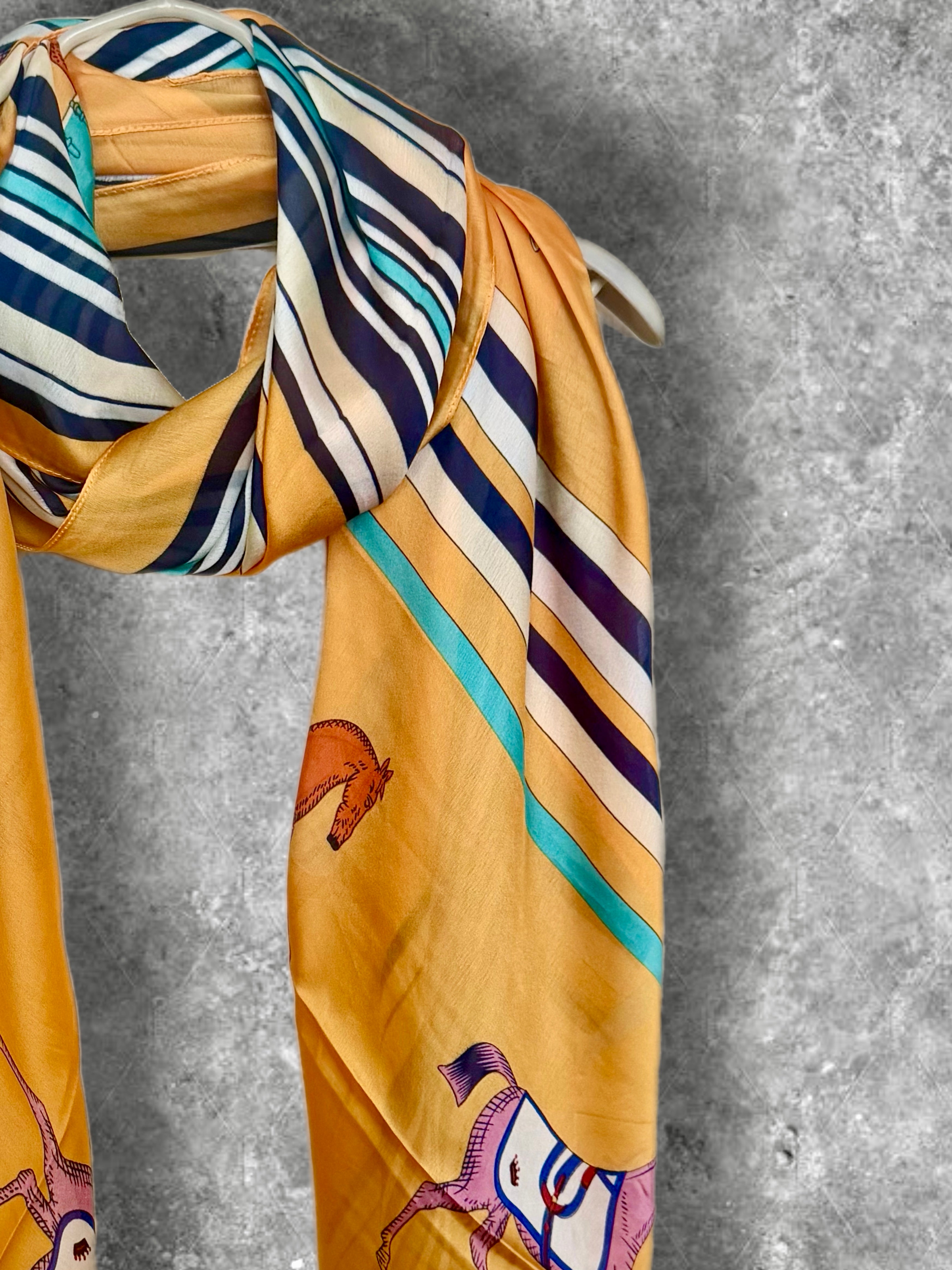 Yellow Silk Scarf for Women,Horse Print Striped Shawl,Equestrian Style Lightweight Summer Wrap
