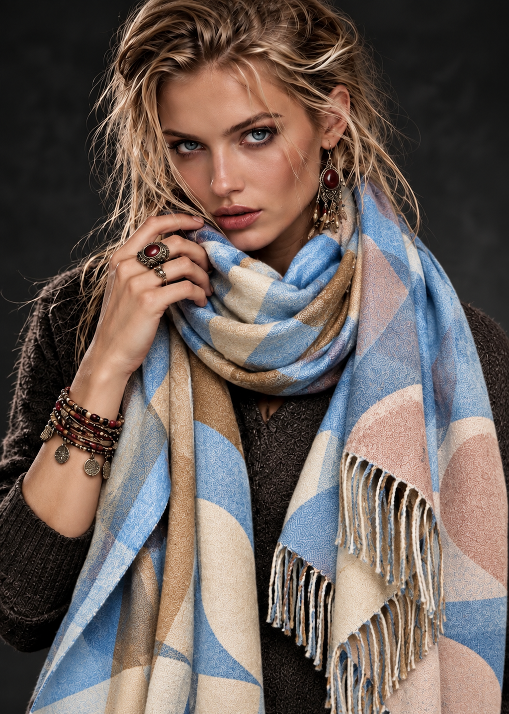 Light Blue Nordic Curved Blocks Pattern Winter Scarf
