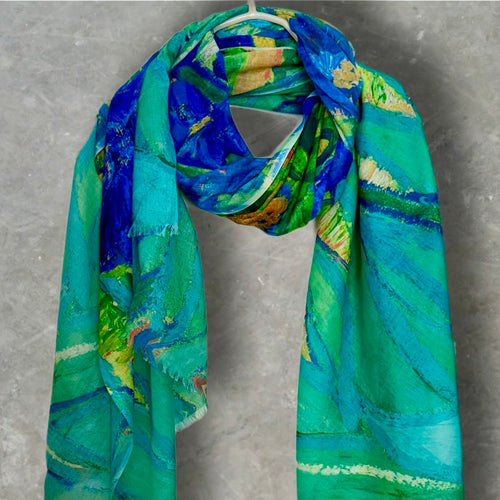 Abstract Blue Green Lightweight Cotton Scarf,Sheer Summer Wrap,Artistic Watercolour Print Shawl