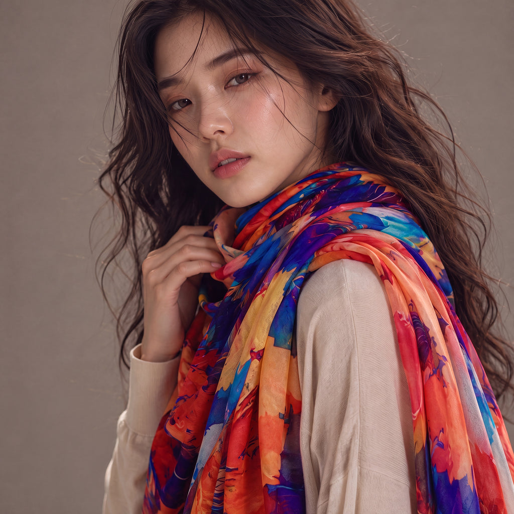 Orange Blue Watercolour Flower Print Cotton Scarf for Women,Lightweight Sheer Summer Wrap,Soft Breathable Shawl.