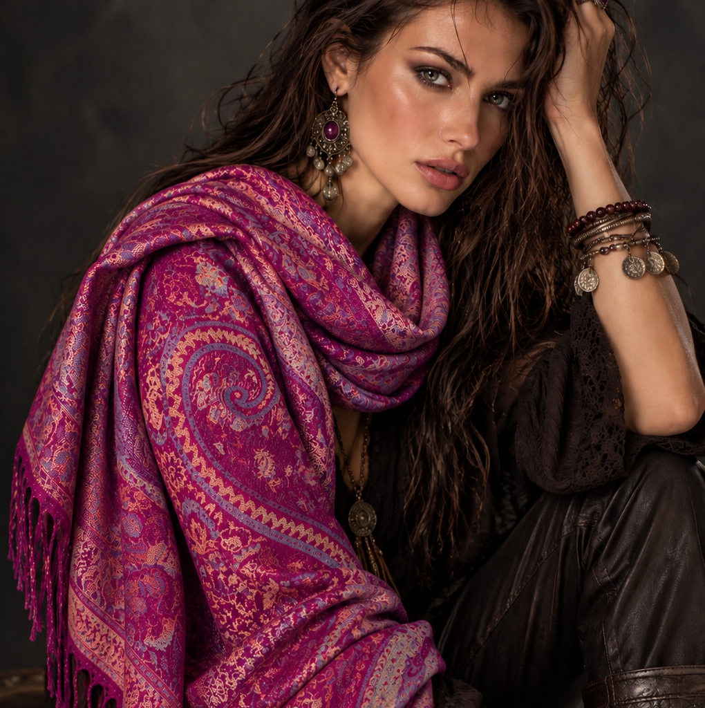 Magenta Paisley Scarf, Plum Floral Autumn Shawl