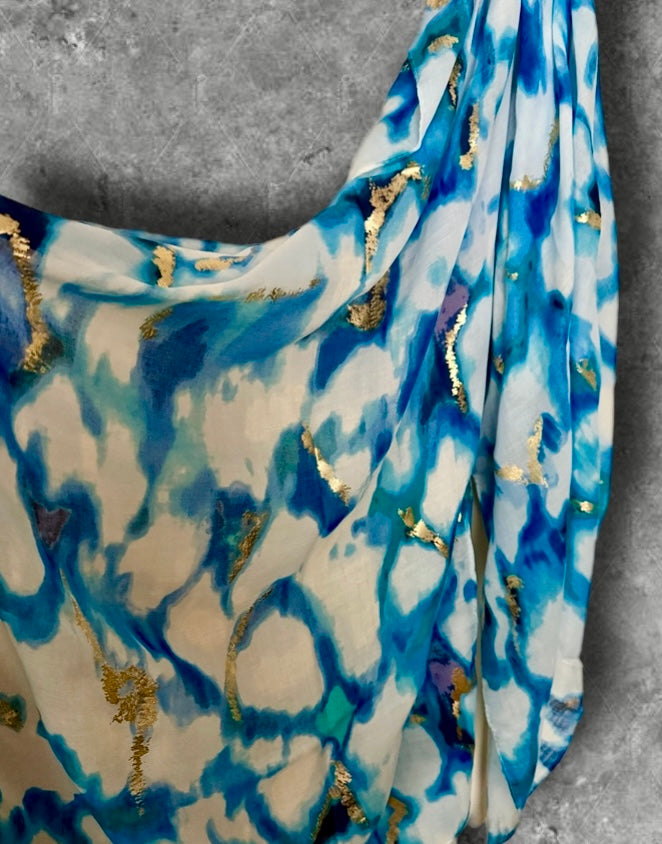 Blue Abstract Print Lightweight Cotton Scarf, Airy Summer Shawl with Gold Detail