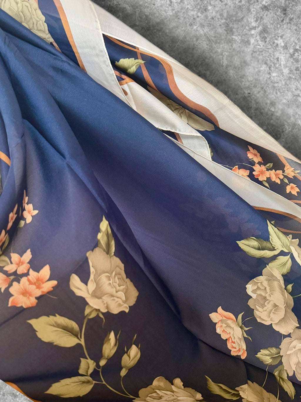 Navy Blue Long Silk Scarf for Women,Peony Floral Print Shawl,Lightweight Luxury Wrap