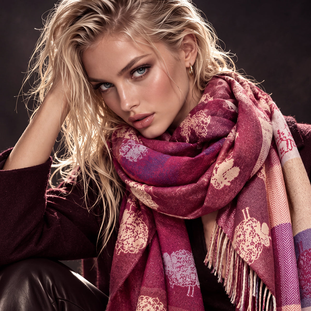 Double Sided Burgundy Sheep Reversible Winter Scarf