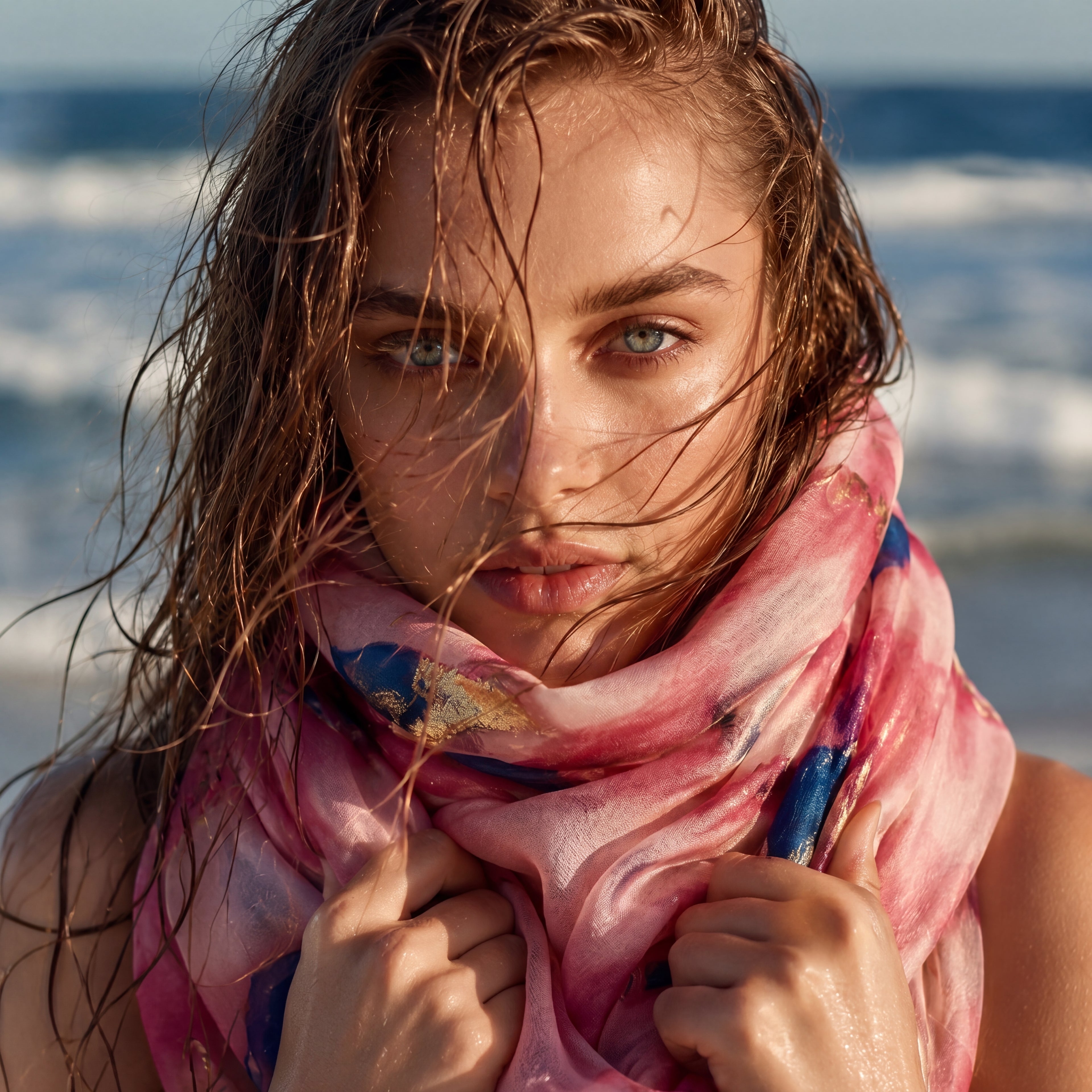 Pink Watercolor Cotton Scarf for Women,Lightweight Summer Shawl with Gold Foil Accents