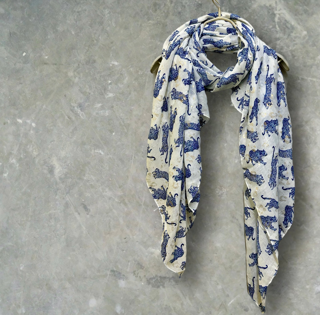 Blue classic leopards print off white scarf