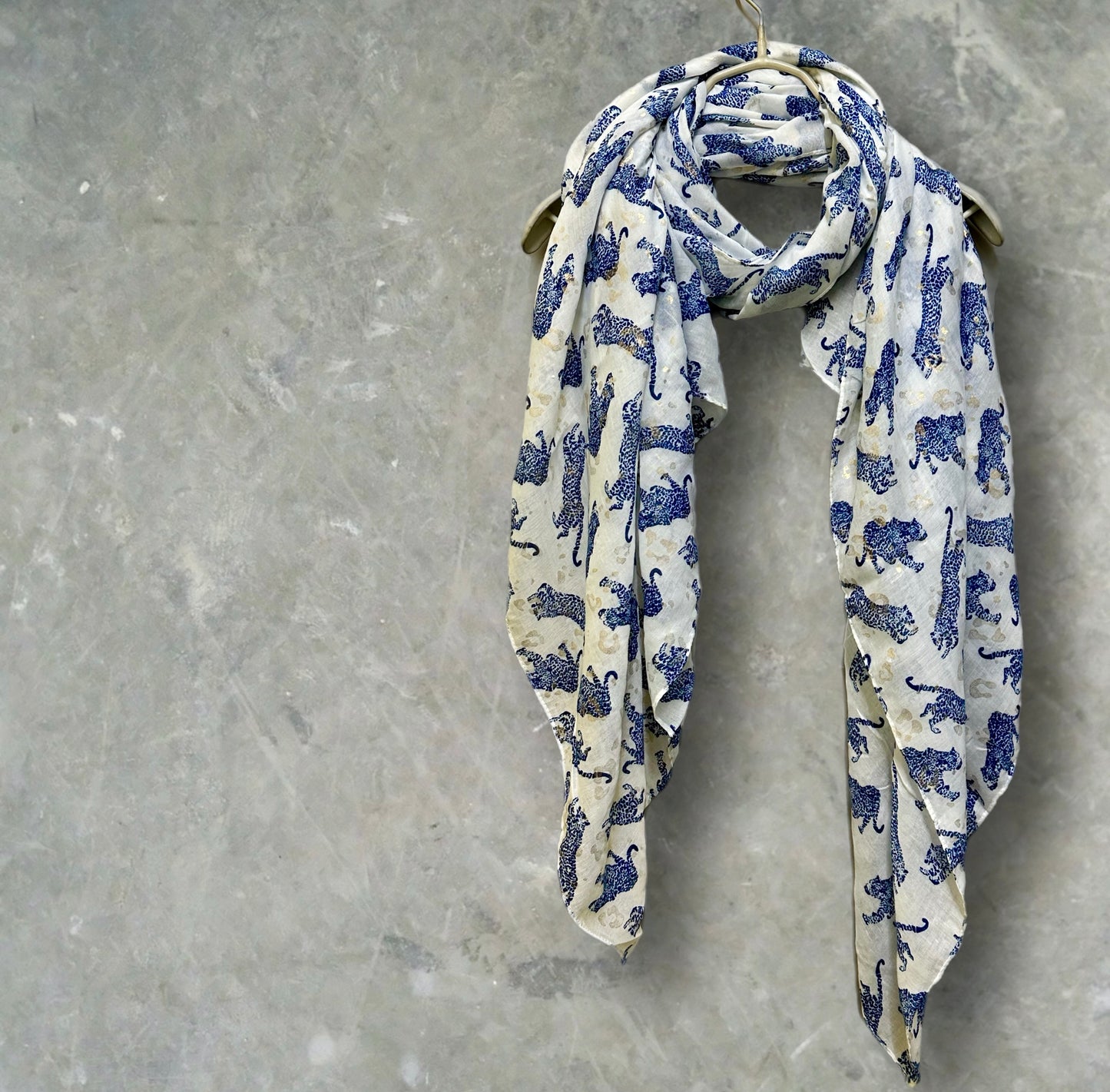 Blue classic leopards print off white scarf for women,perfect for any season and great gifts for her,mother,birthday and Christmas