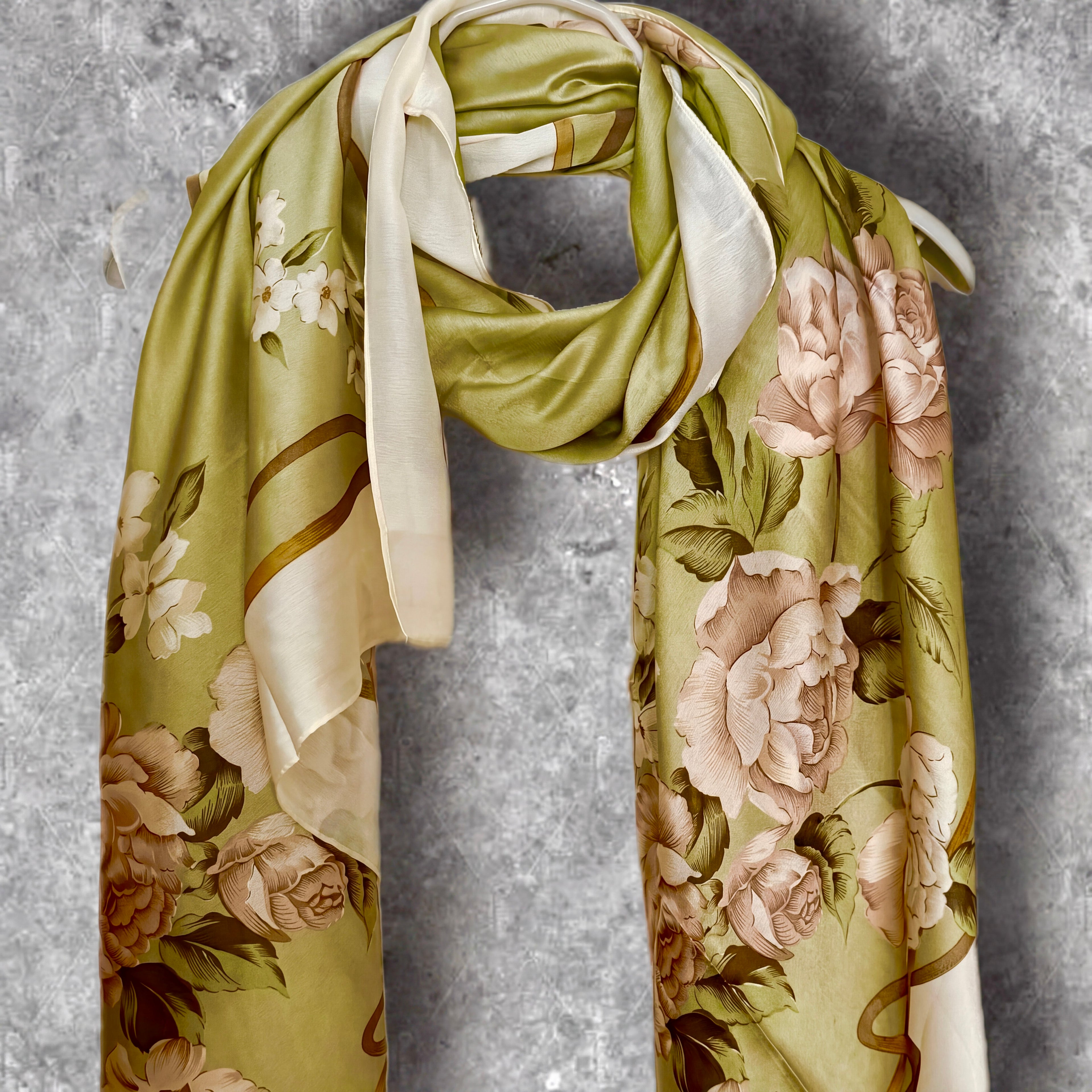 Olive Green Womens Silk Scarf with White Rose Floral Design,Lightweight Spring Sumner Wrap