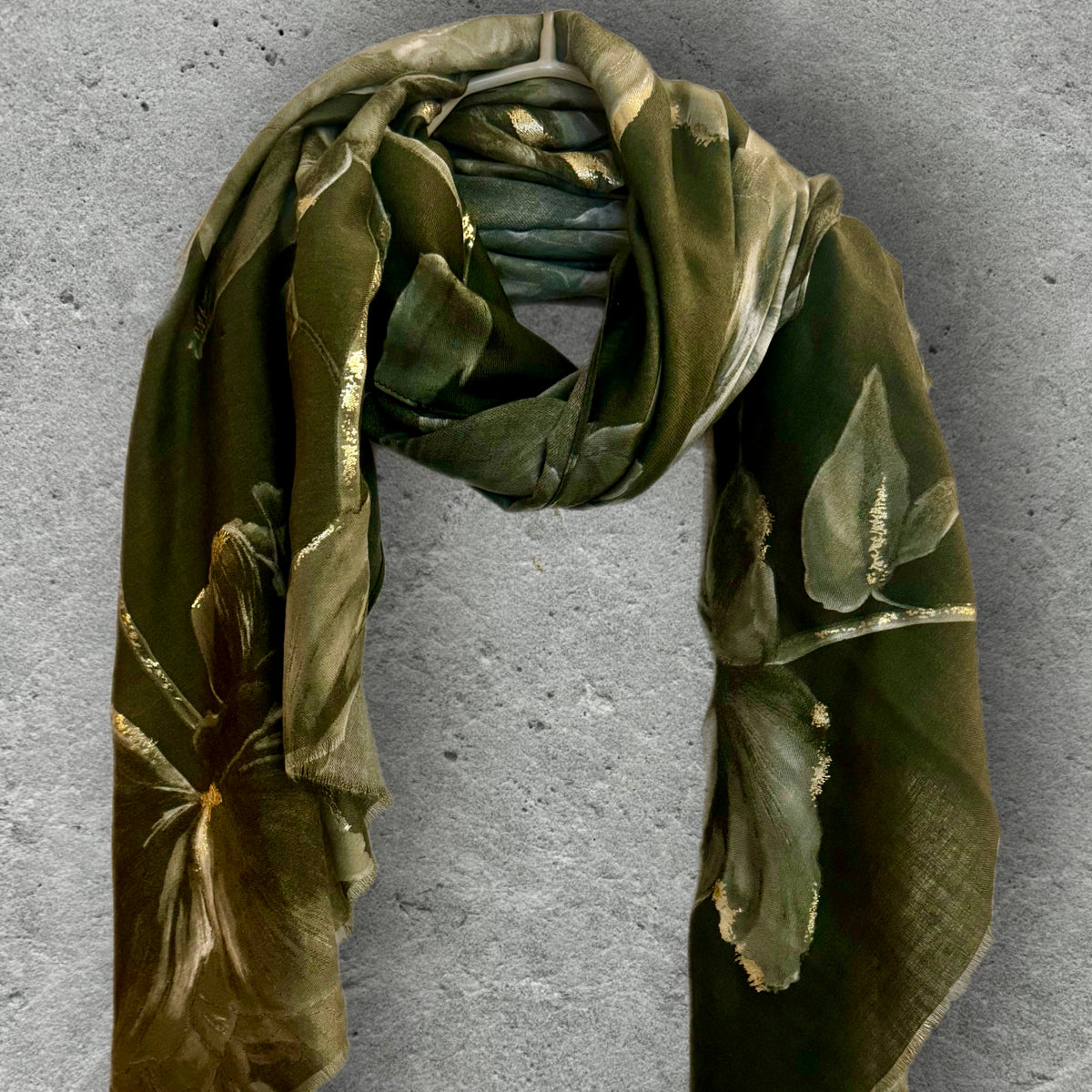 Olive Green Peony Floral Scarf with Gold Accents for Women