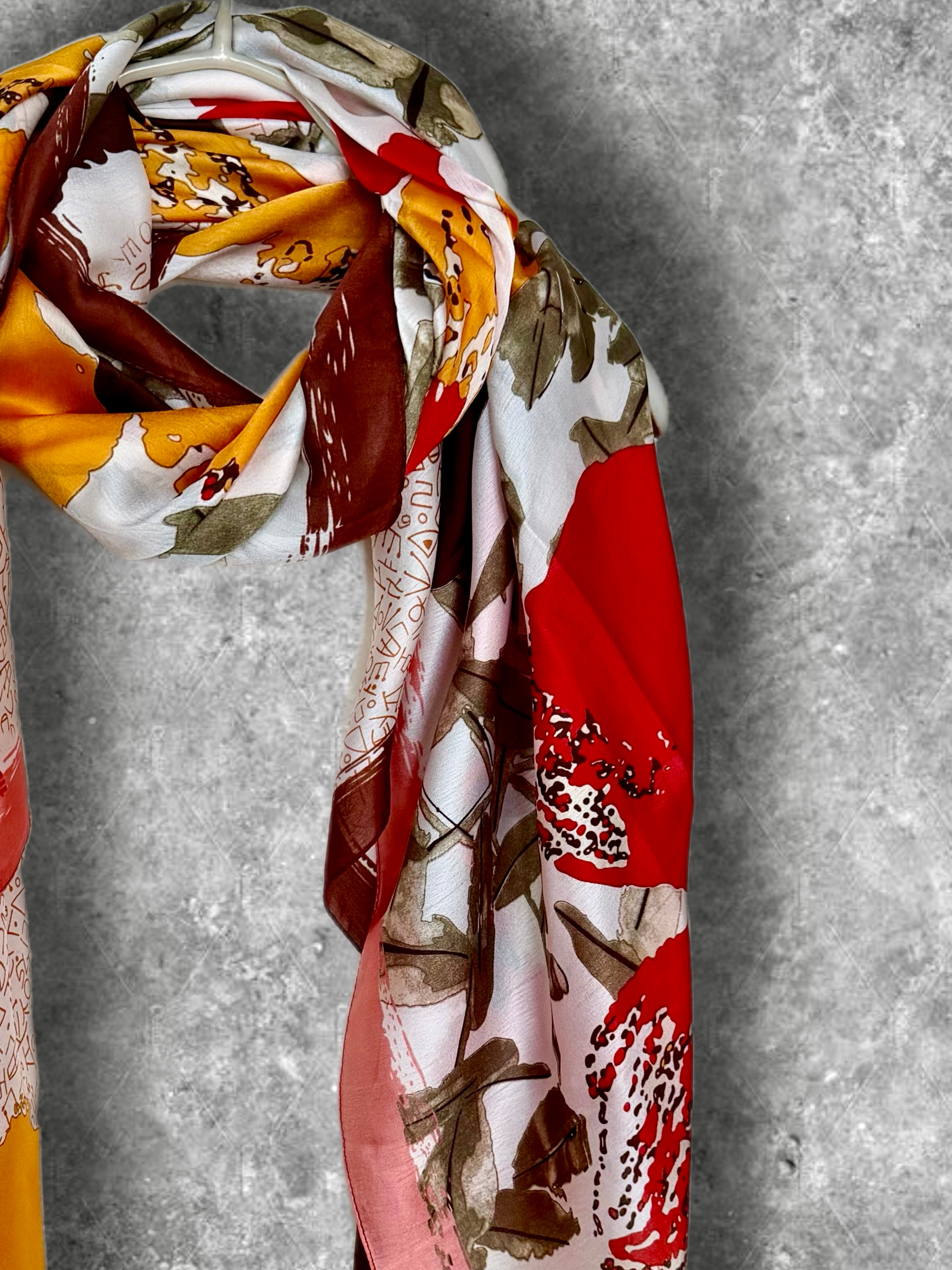 Abstract Modern Art Print Long Silk Scarf in Red and Orange