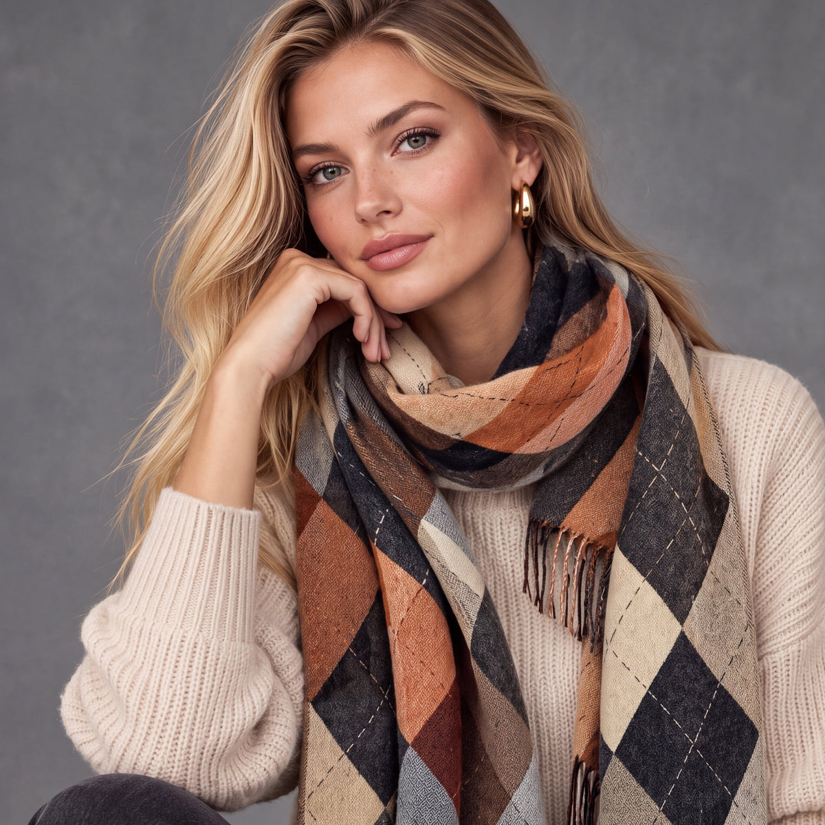 Black Grey Argyle Reversible Winter Scarf