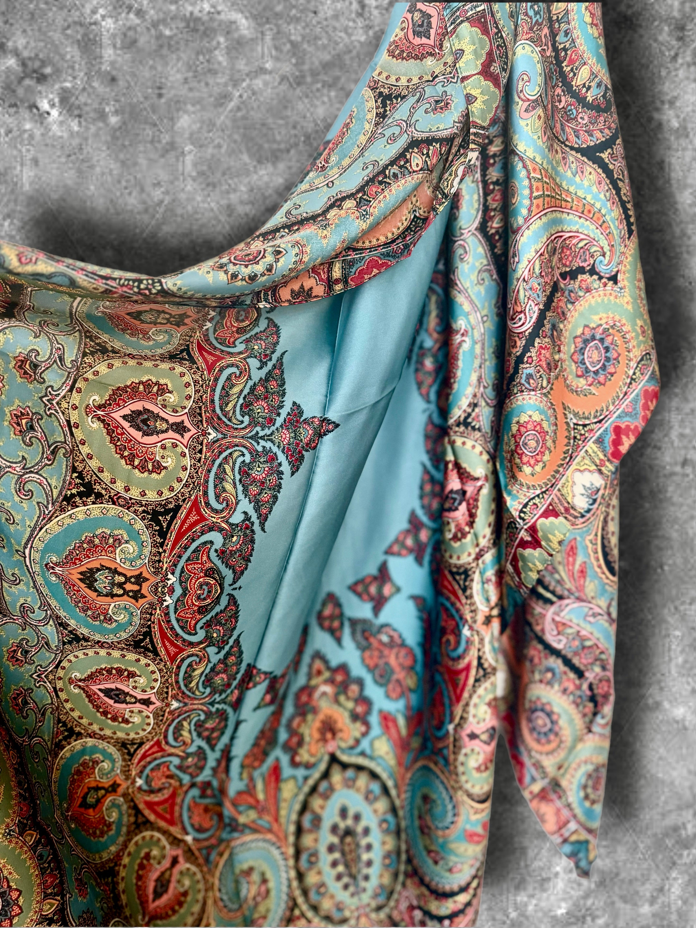 Boho Paisley Print Silk Scarf, Lightweight Shawl in Turquoise Blue for Women,Summer Wrap