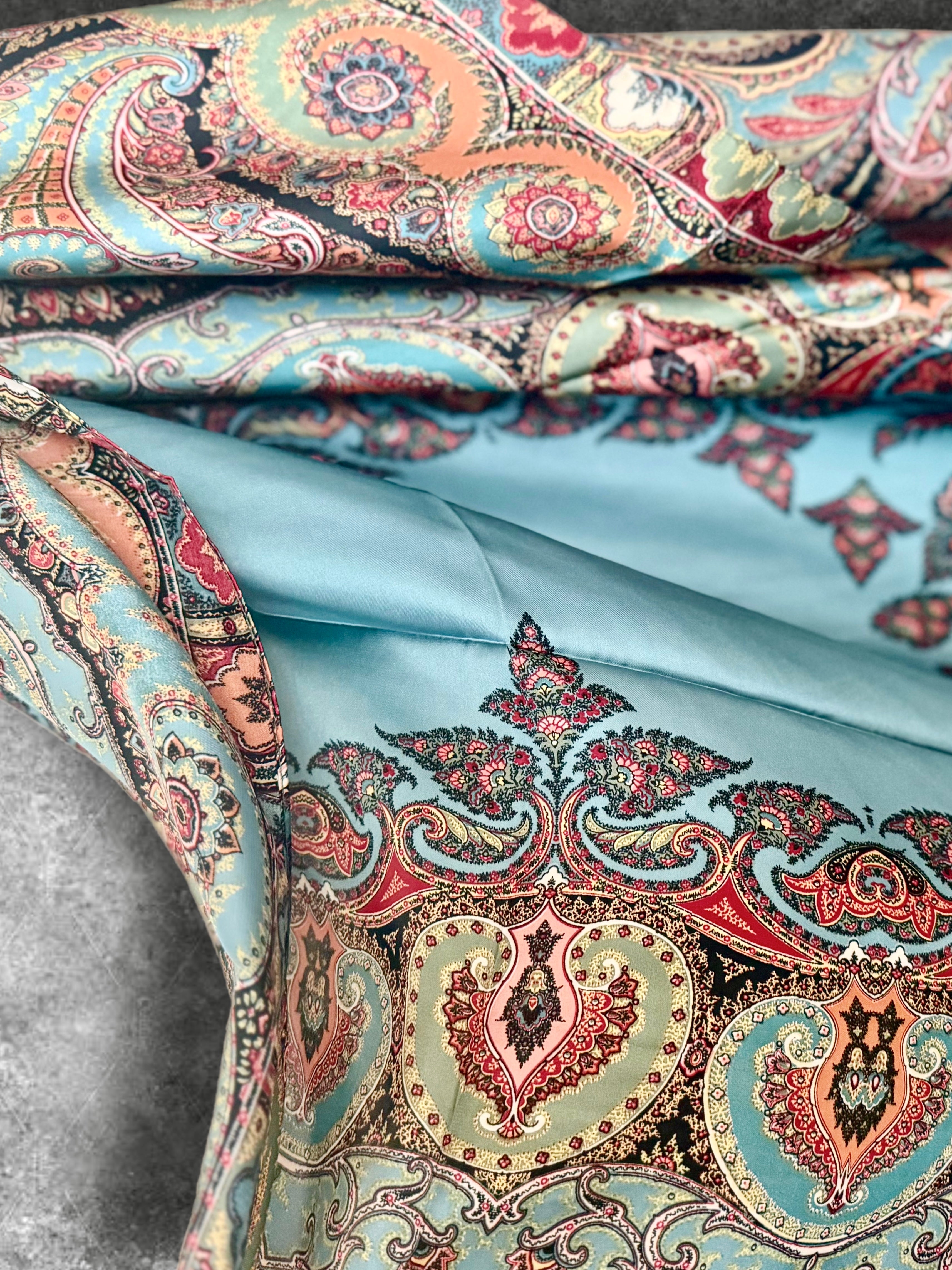 Boho Paisley Print Silk Scarf, Lightweight Shawl in Turquoise Blue for Women,Summer Wrap