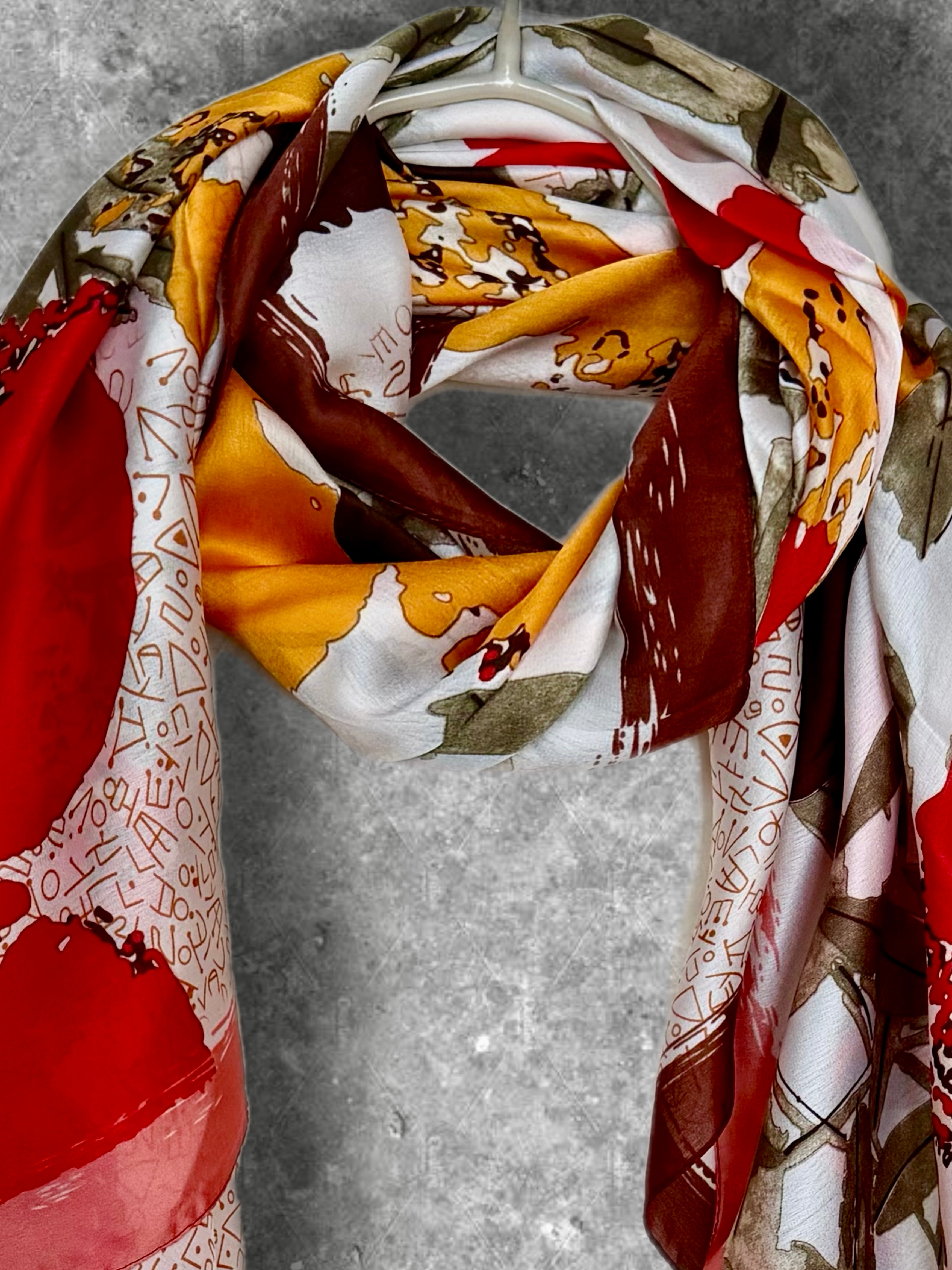 Abstract Modern Art Print Long Silk Scarf in Red and Orange