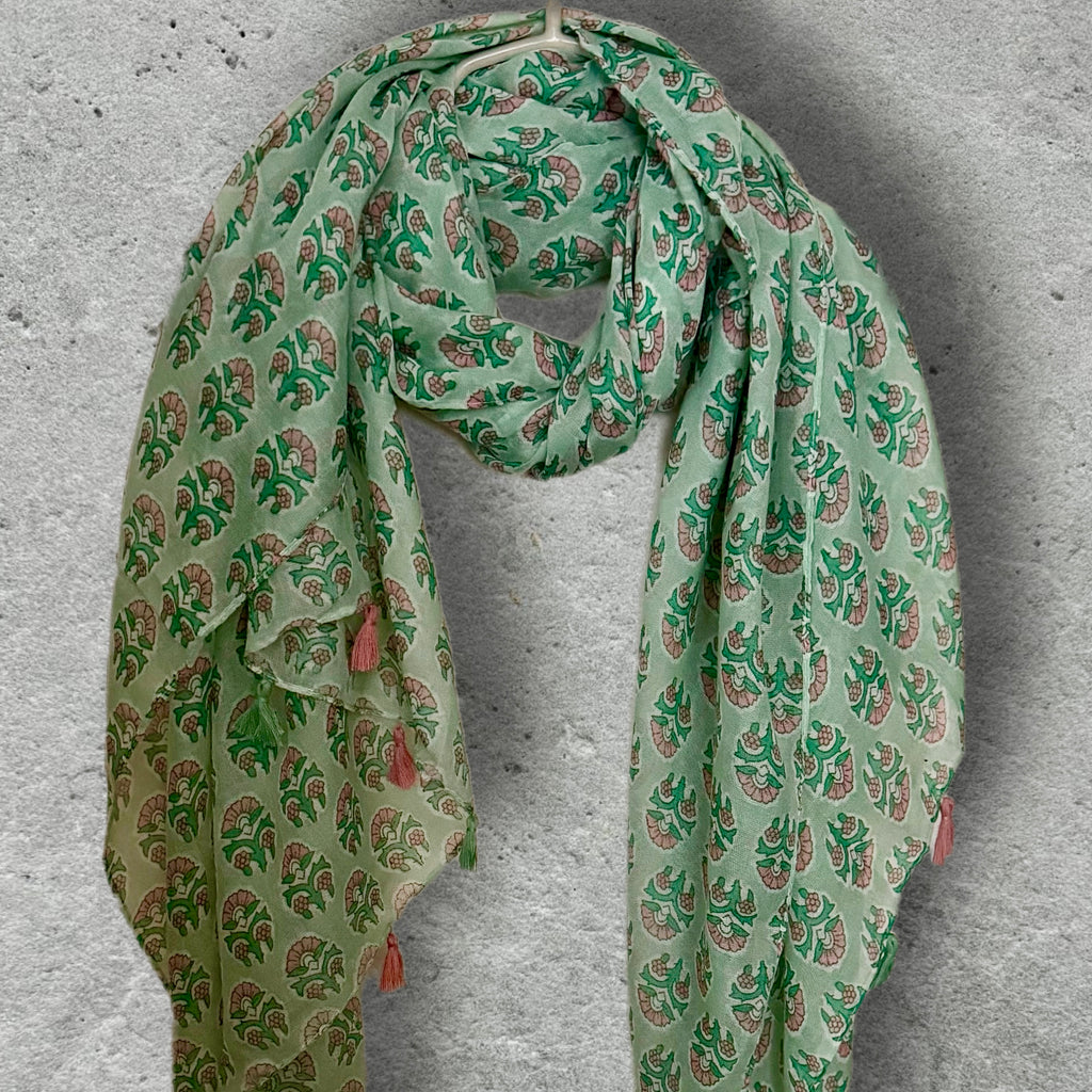 Mint Green Botanical Cotton Scarf,Lightweight Summer Wrap,Bohemian Floral Shawl with Tassels